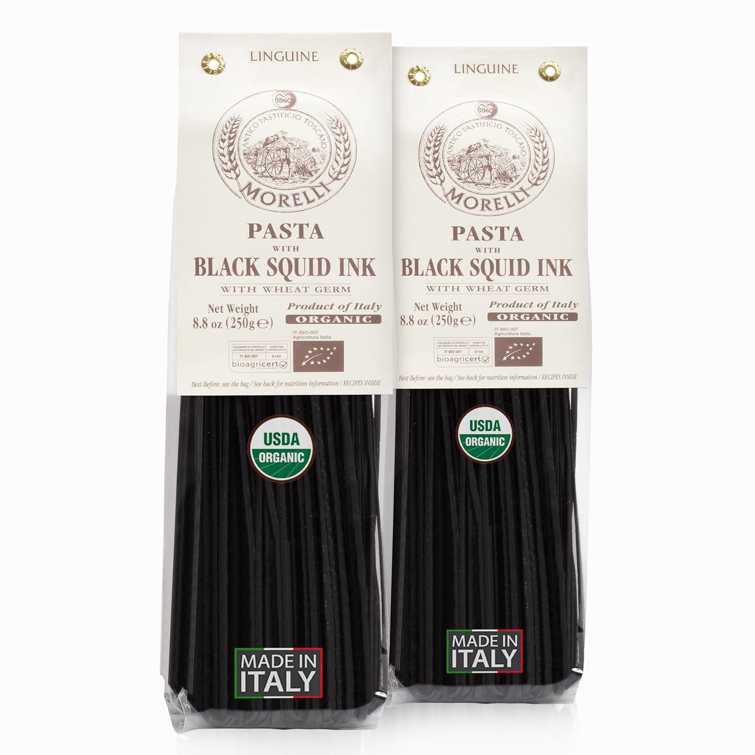 Morelli Squid Ink Pasta Linguine- Organic Italian Pasta - Black Pasta Noodles - Durum Wheat Semolina - Nero Di Seppia Made in Italy - 8.8oz / 250g (pack of 2)