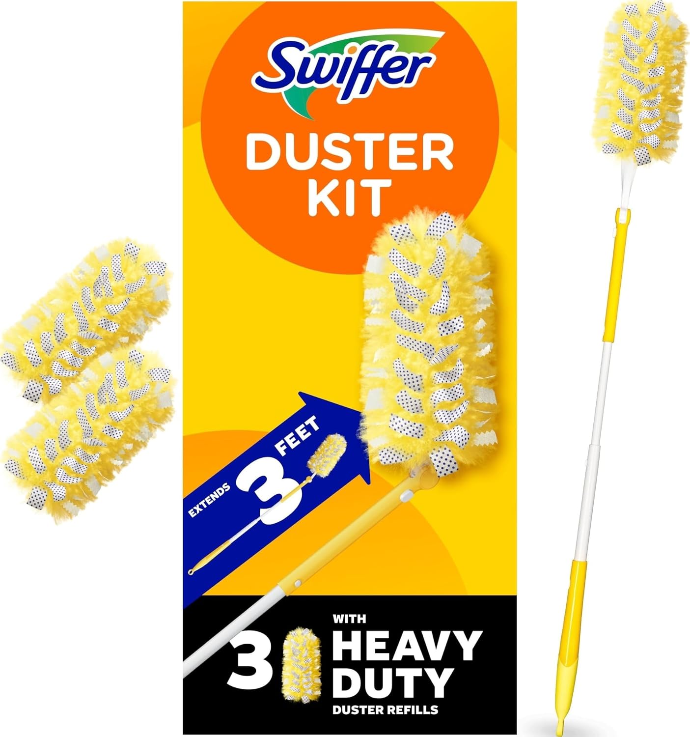 Swiffer Duster Kit with 3 ft Extendable Handle | Includes 1 Duster Extendable Handle (3 ft). 3 Heavy Duty Duster Refills. For Ceiling Fans, Vents, and Hard to Reach Places