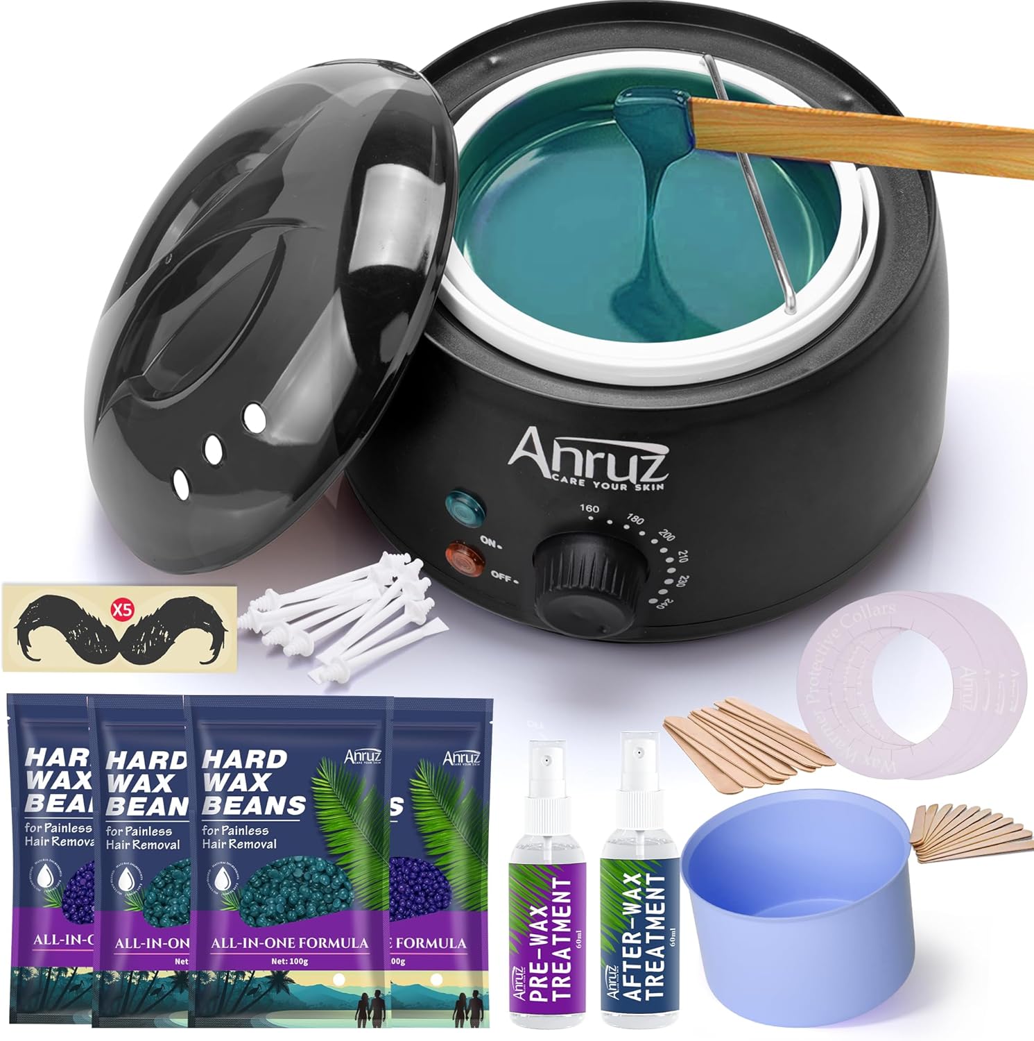 ANRUZ Waxing Kit, Wax kit for Hair Removal, Wax Pot for Waxing Professional with Silicone Bowl,4 Bags Wax Beads and 20 Applicator Sticks, 2 Treatment Oils-at Home Wax Machine for Full Body Waxing