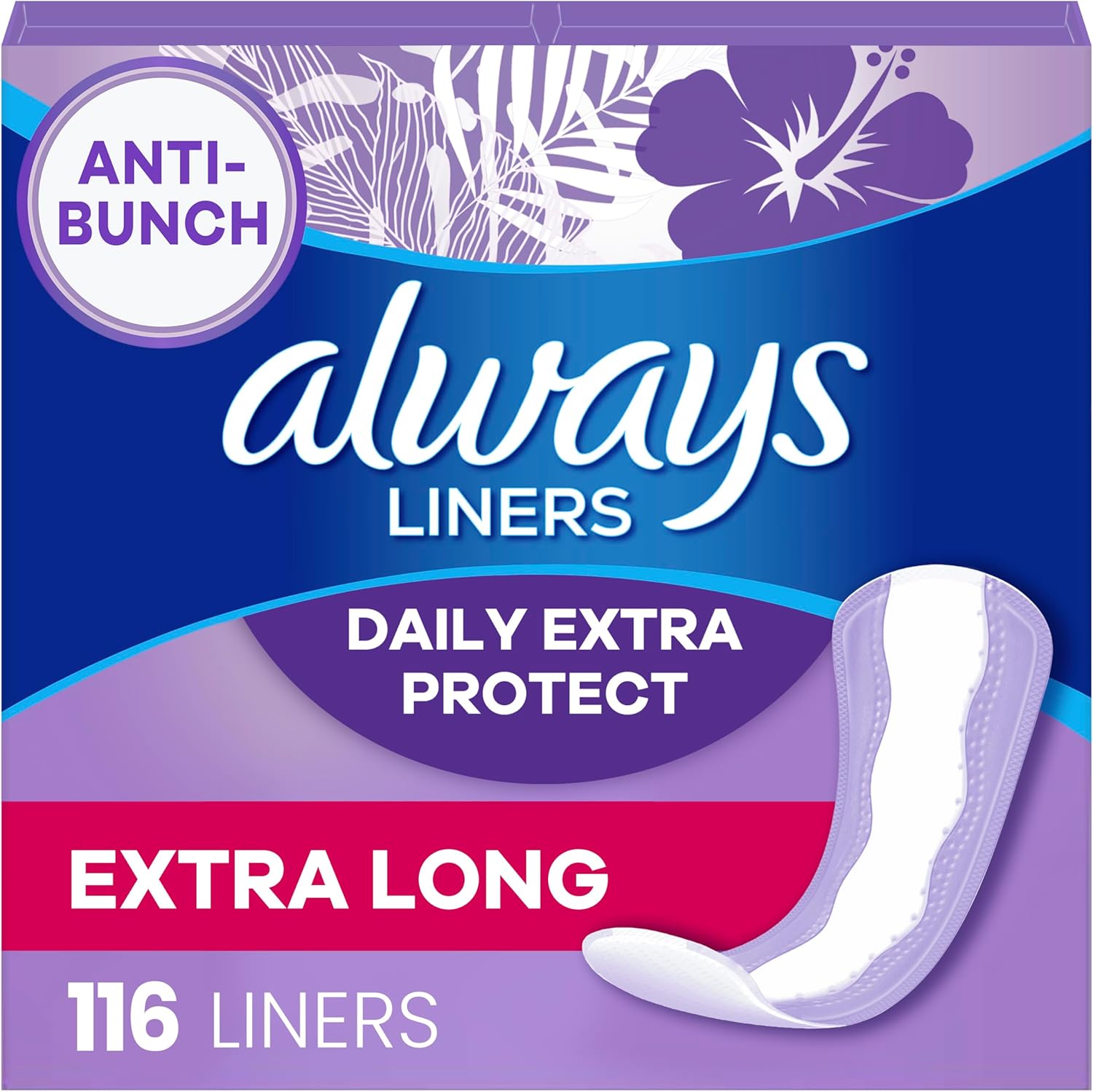 Always Daily Extra Protect Liners, Extra Long Length, Unscented Panty Liners, 116 Count