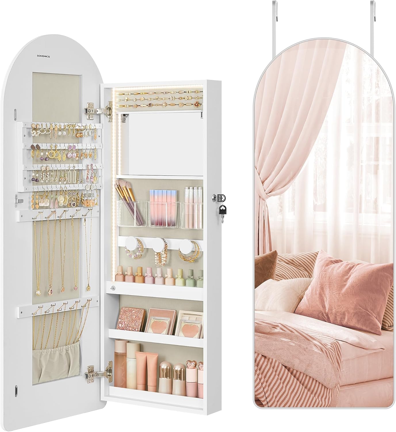 SONGMICS Wide Jewelry Organizer, LED Jewelry Cabinet Wall/Door Mounted, Arched Mirror with Storage, Lockable, Rounded Corner, Interior Mirror, 3.9 x 16.5 x 42.5 Inches, Cloud White UJJC020W01