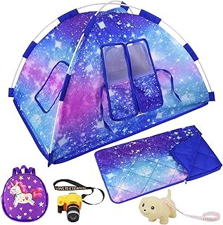 Ecore Fun 5 Items 18 inch Dolls Camping Tent Set and Accessories Including Girl Doll Tent, Sleeping Bag, Backpack, Toy Camera and Dog