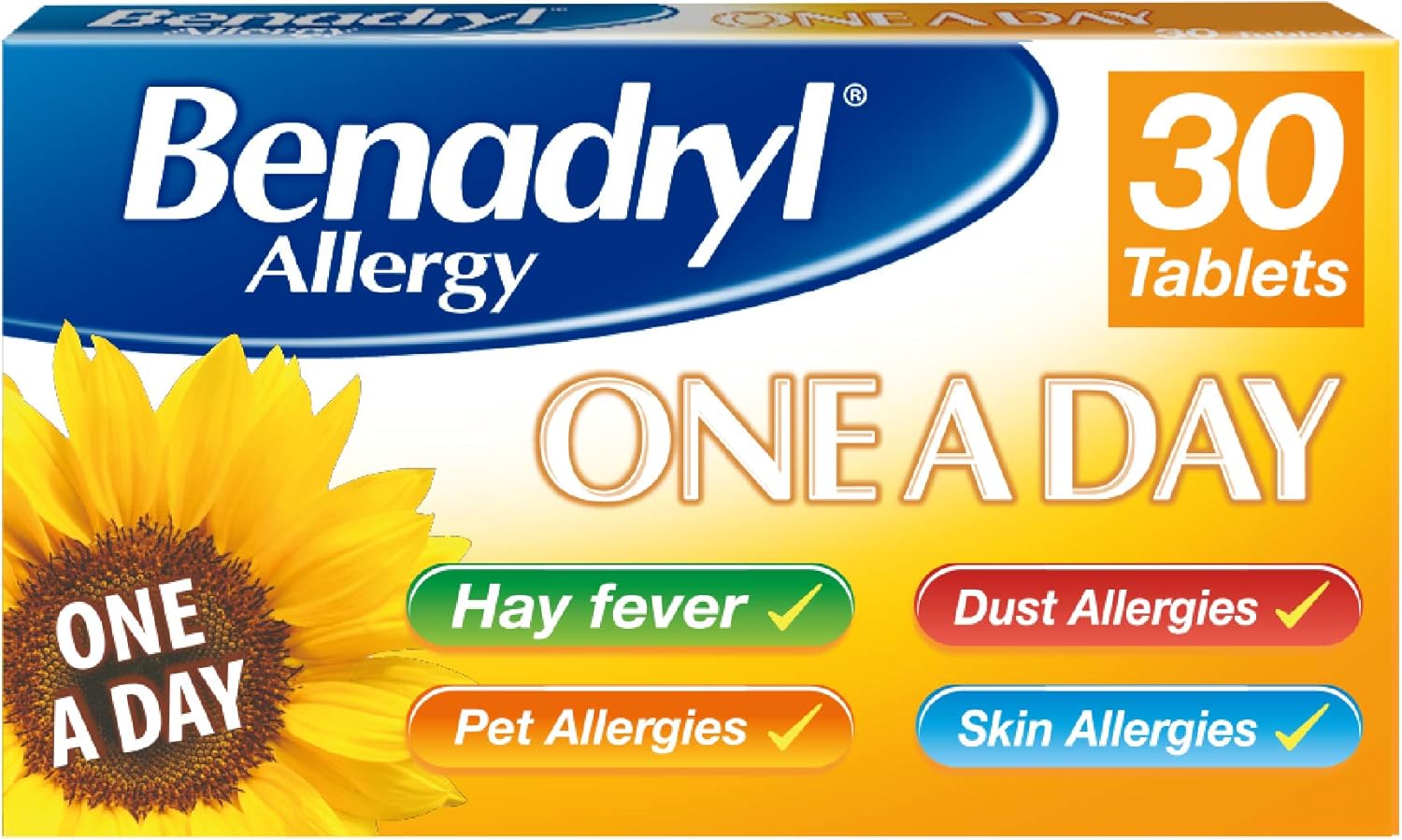 Benadryl Allergy One A Day 10 Mg Tablets - Effective and Long-Lasting Relief from Hay Fever, Pet, Skin and Dust Allergies - 30 Count