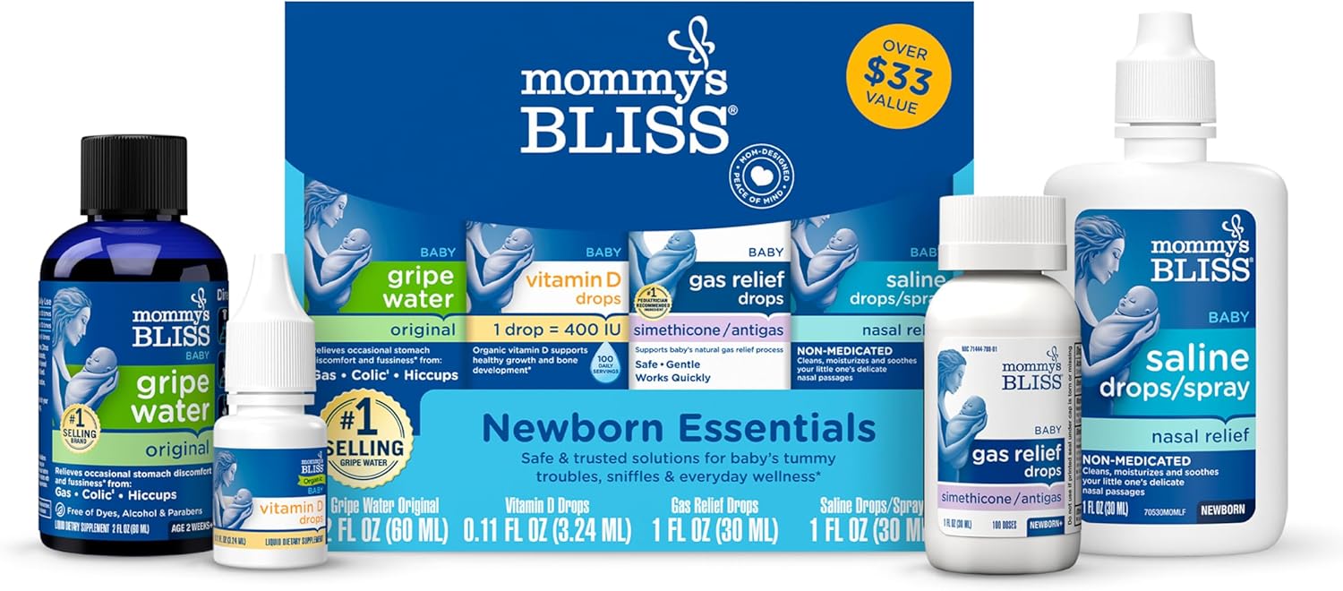 Mommy's Bliss Newborn Essentials Gift Set, Includes Gripe Water, Baby Vitamin D/Gas Drops and Gentle Saline Drops/Spray