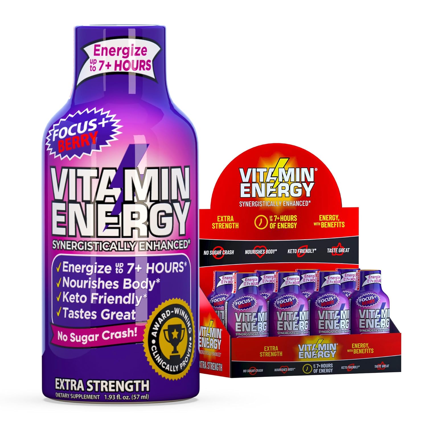 Vitamin Energy Focus+ Extra Strength Energy Shot Berry 8 Pack, 260mg Natural Caffeine, B-Vitamins, CoQ10, Amino Acids, Focus, Productivity & Clarity, Zero Sugar, Gluten-Free, 1.93 fl oz
