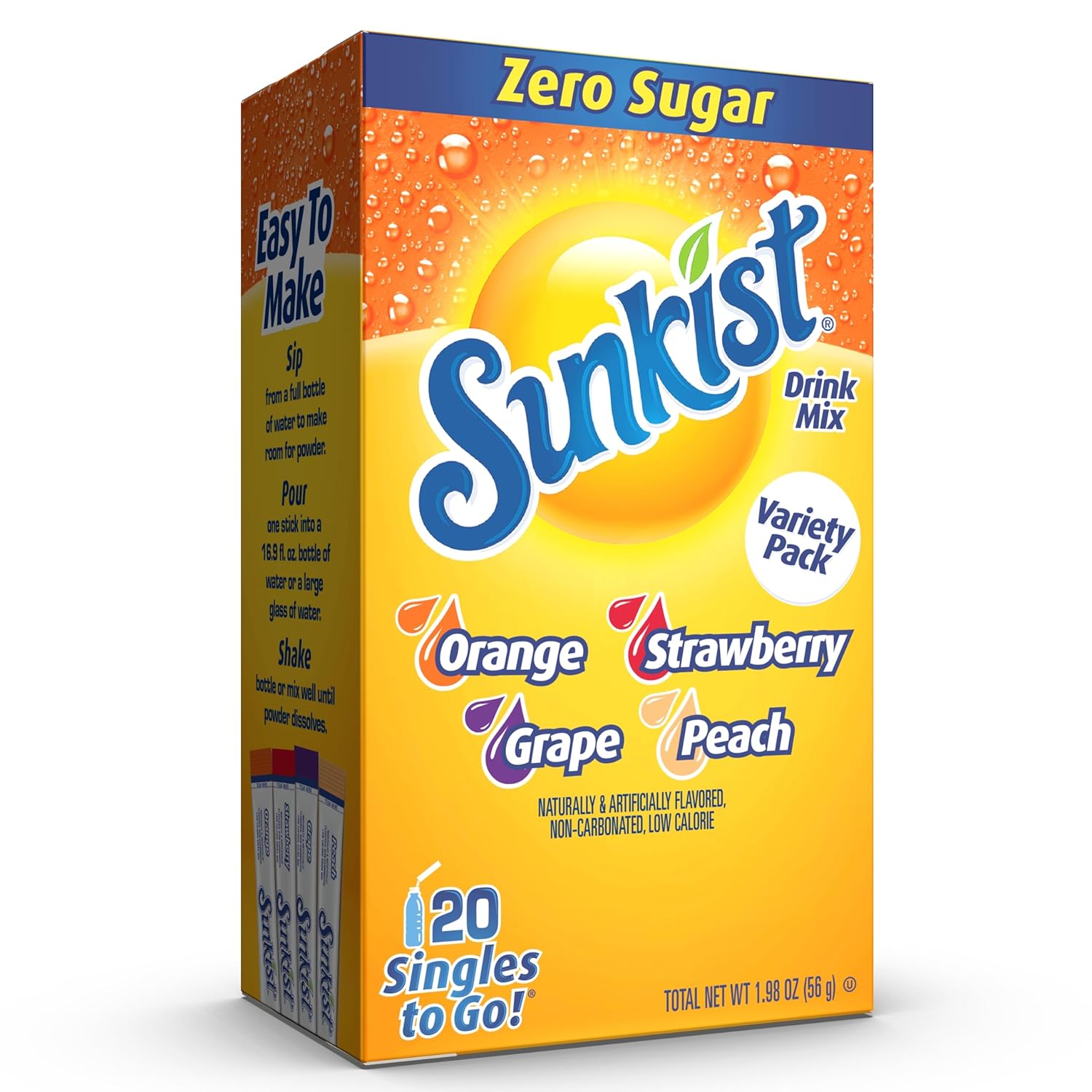 Sunkist Soda Variety Pack, Singles To Go Orange, Strawberry, Grape and Peach (20 Total Sticks)