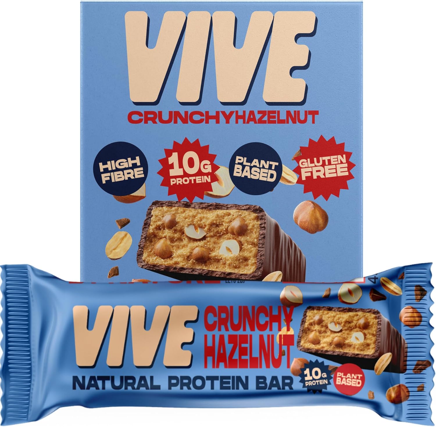 Vive Vegan Hazelnut Protein Bar – High Protein Chocolate Coated, Plant-Based, Dairy-Free Snack - Pack of 12