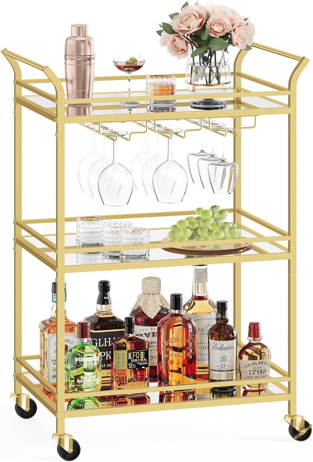 VASAGLE Bar Cart Gold, Small Home Bar Serving Cart with 3-Tier Mirrored Shelf, Wine Holders, Glass Holders, for Small Spaces, Kitchen, 15 x 23.6 x 36.2 Inches, Gold ULRC100A01