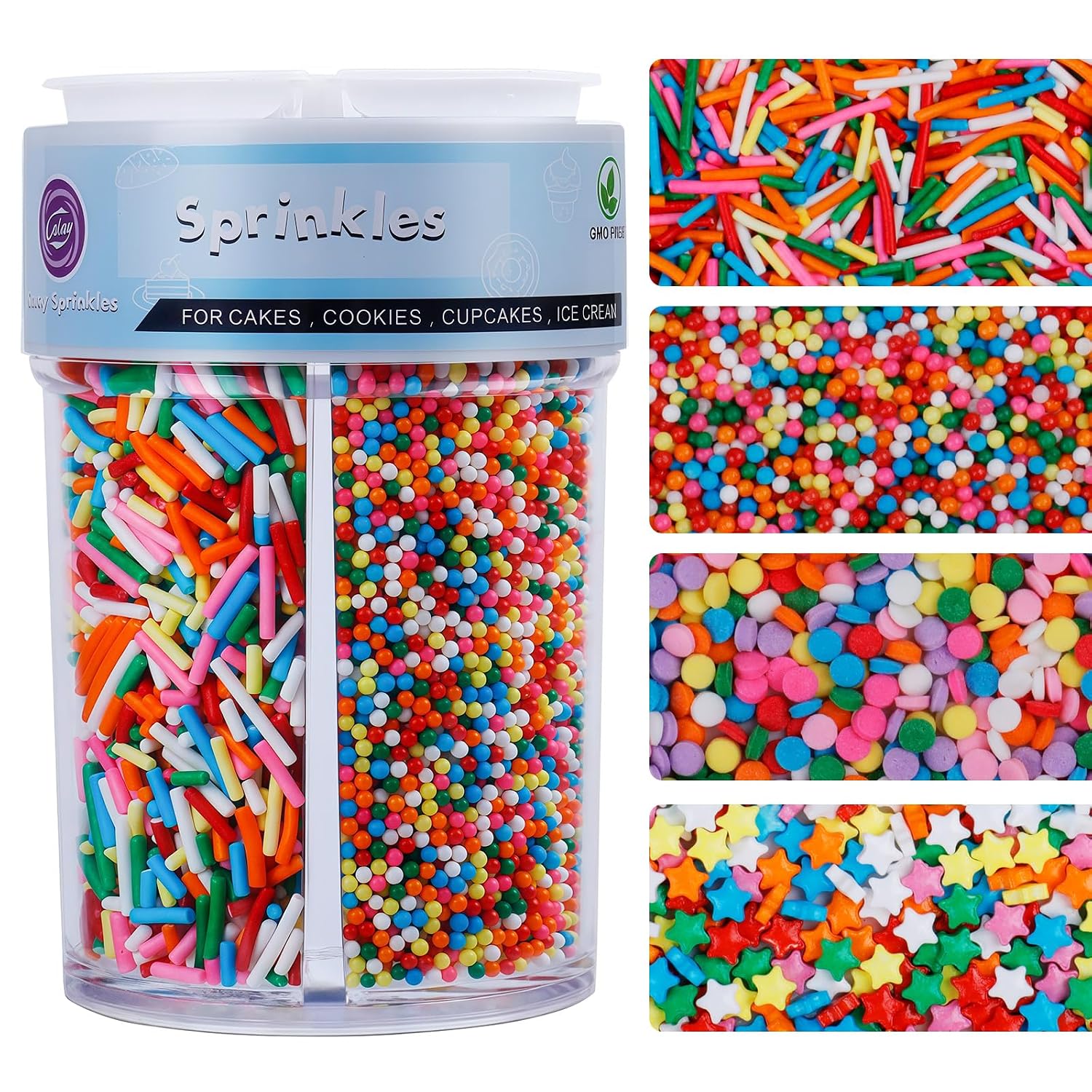 Rainbow Dot Sprinkles for Cake Decorating, 8Oz 4-Cell Edible Sugar Sprinkles Mix with Nonpareil, Jimmies, Star Shapes & Confetti Circles for Cookies Cake Ice Cream Cupcakes Brownie Baking Topping