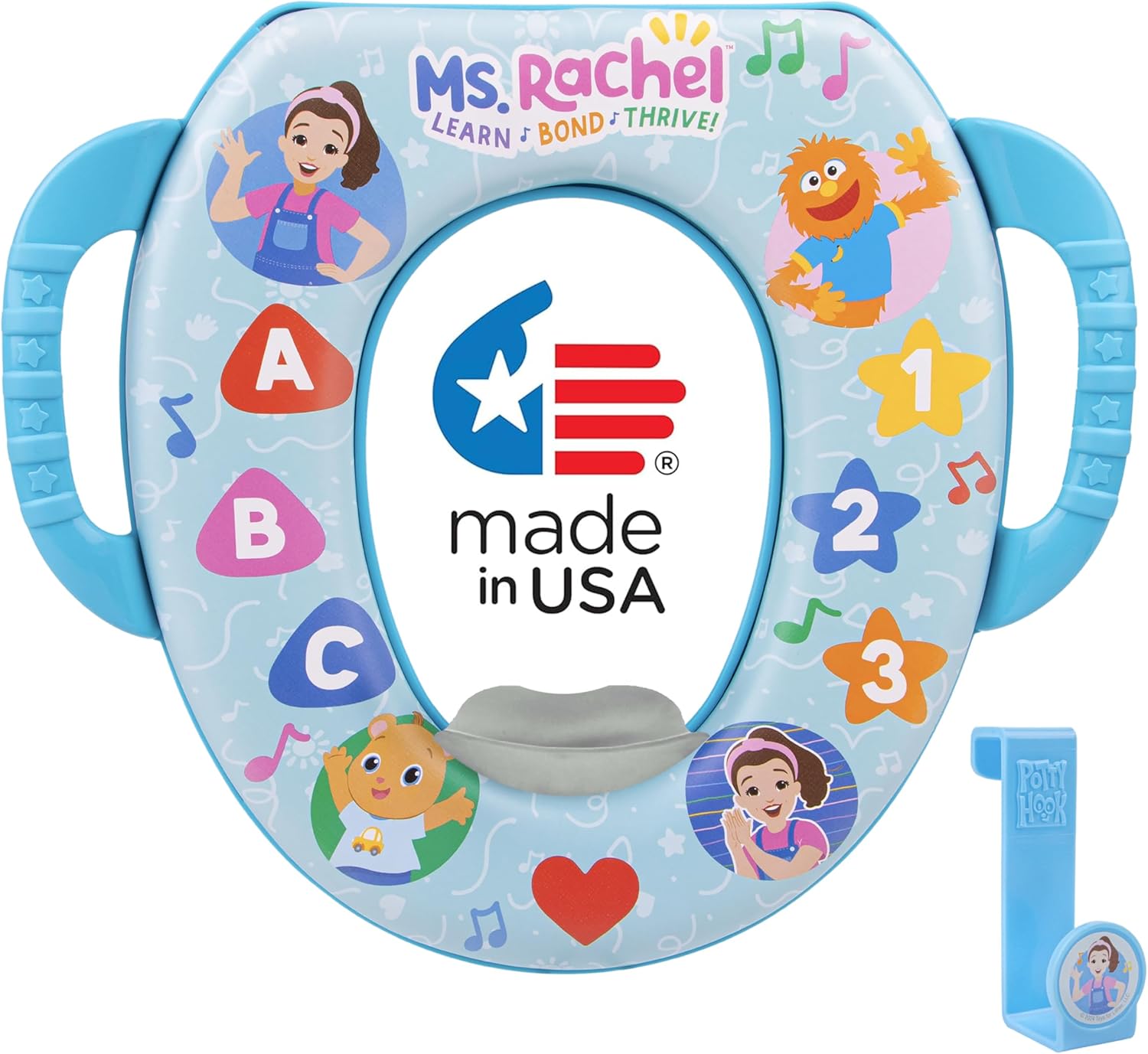 Ms. Rachel Soft Potty Seat With Storage Hook - Potty Training Seat - Soft Cushion, Easy Grip Handles, Baby Potty Training, Safe, Easy to Clean, Fits Most Toilet Seats