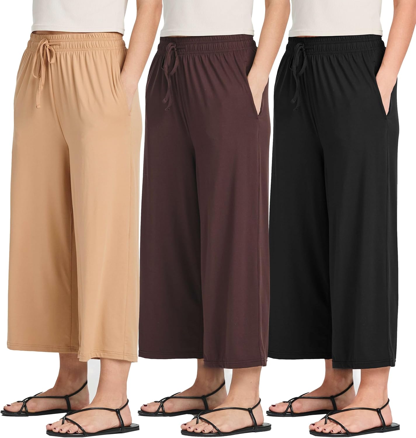 Real Essentials 3 Pack: Women's Ultra-Soft Wide Leg Loose Capri Open Bottom Pants - Yoga Lounge Pockets(Available in Plus)