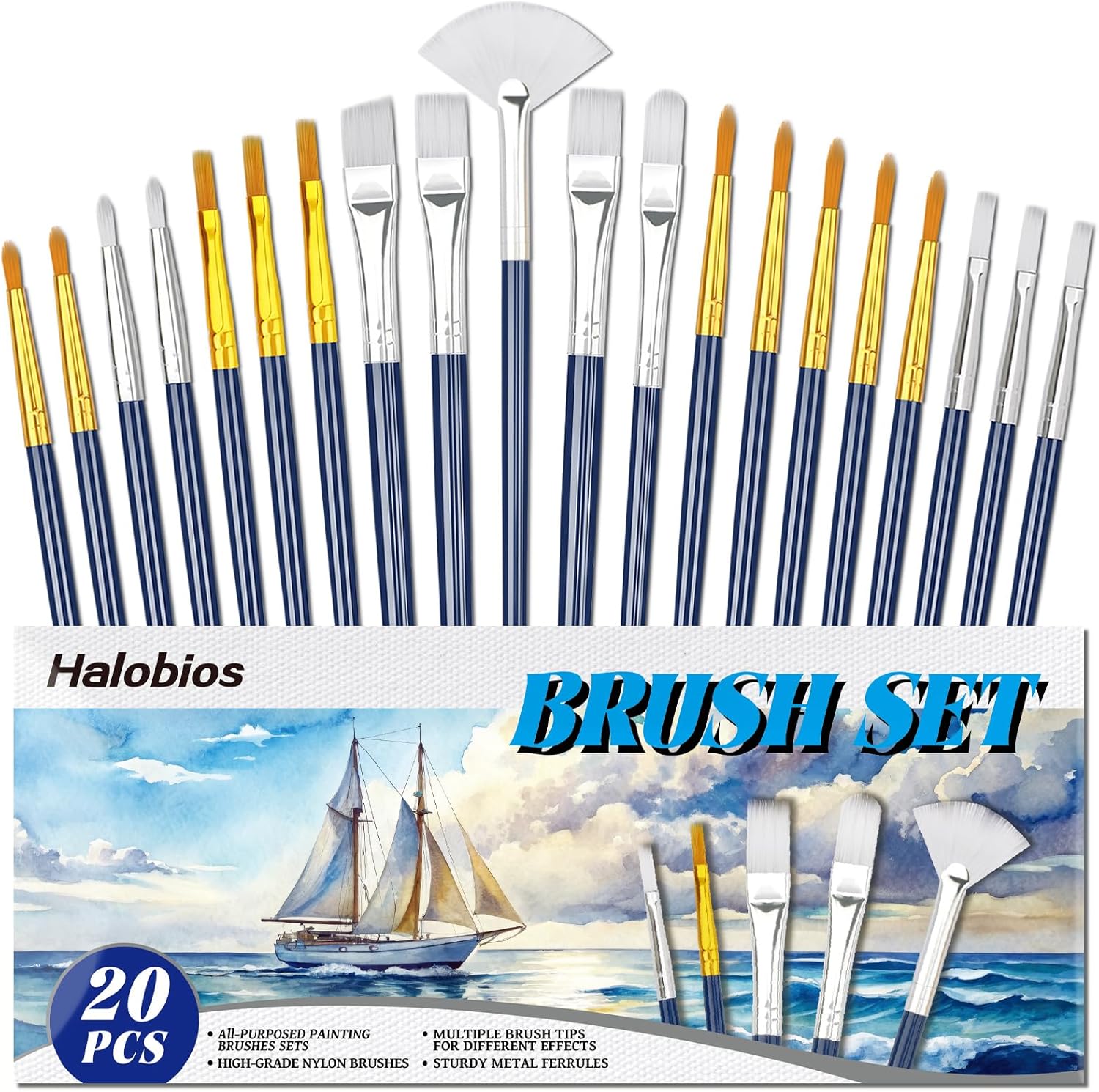 Halobios Paint Brushes Set, 20PCS Painting Brushes Different Types of Brushes for Acylic Paint, Watercolor, Oil, Paint Brushes Bulk for Nail, Face Art, Craft, Rock Painting and School Project