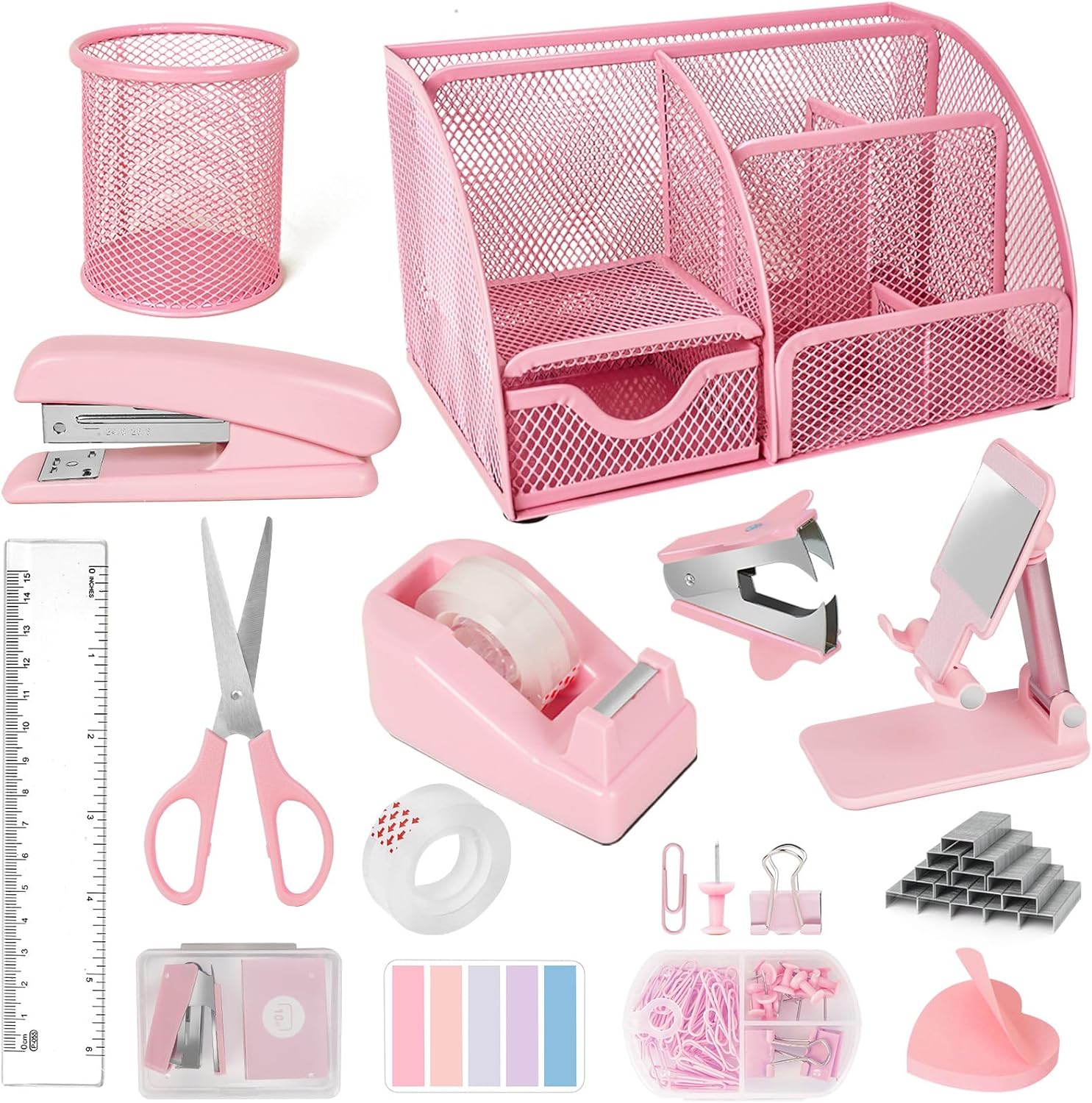 Desk Organizers and Accessories, Office Supplies 15PS Set with Stapler, Staple Remover, Pen Holder, Clips Set, Tape Dispenser, Tape, Phone Holder, 1000 Staples, Ruler, Scissors （Pink）