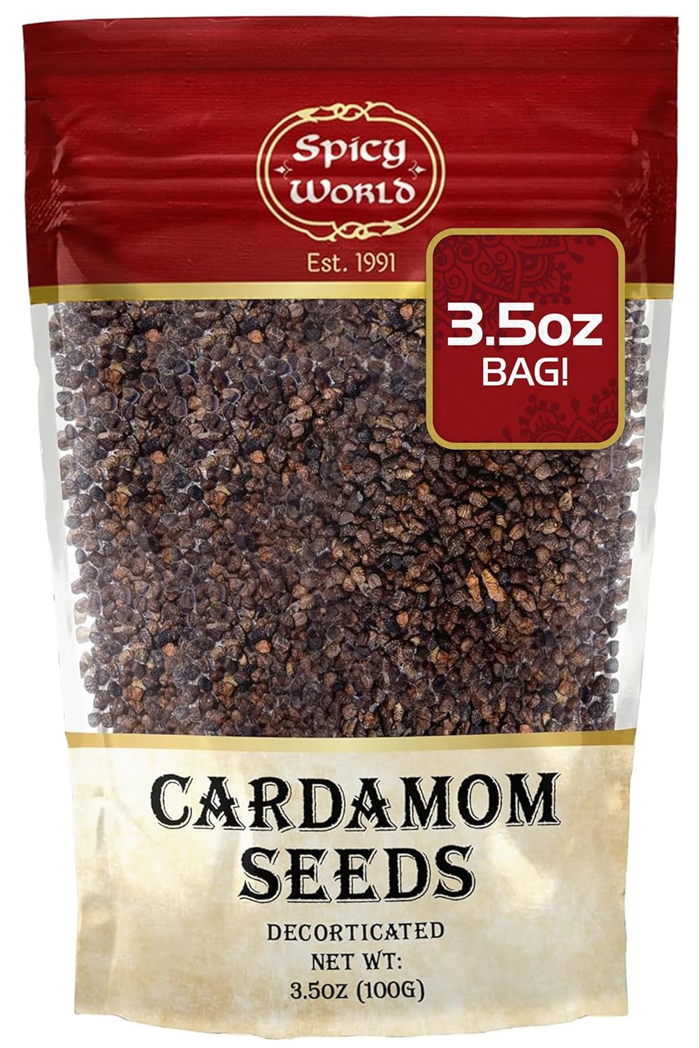 Spicy World Cardamom Seeds Decorticated 3.5 Ounce Bag - Natural, Vegan - No Pods, Also known as Elaichi Seed