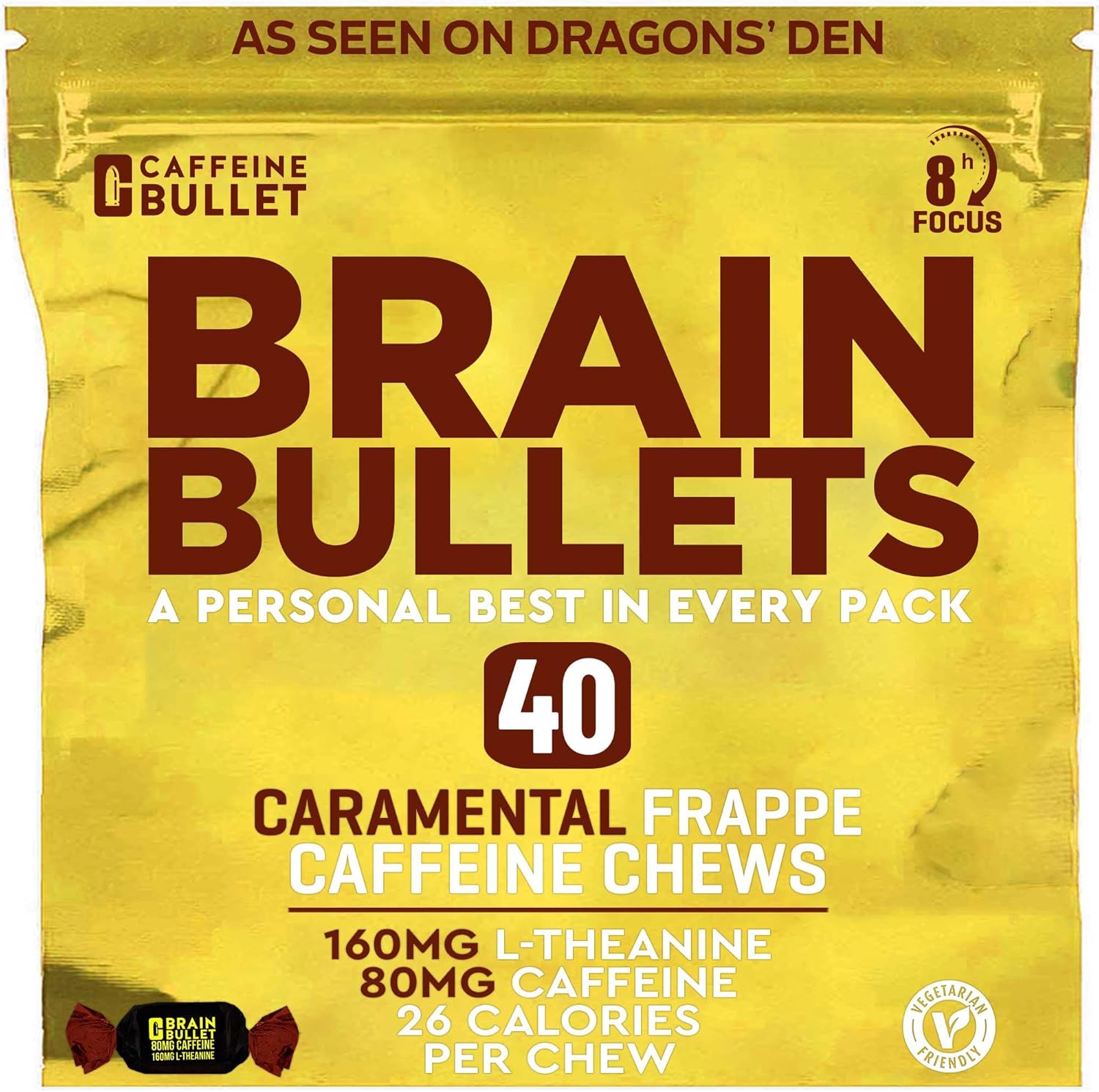 80mg Caffeine & 160mg L-Theanine Focus Enhancing Energy Chews – Neuroscience Backed Nootropic Stack, Mental Acuity & Cognitive Support | Caramel Frappe Flavor Brain Bullet, 1 Bag