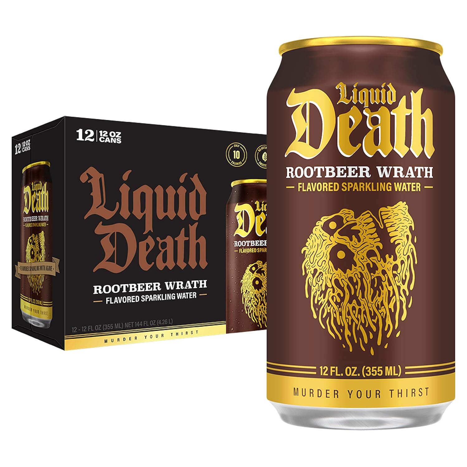 Liquid Death, Rootbeer Wrath, Root Beer-Flavored Sparkling Water, 12-Pack (12oz Cans), Low Calorie & No Artificial Sweeteners