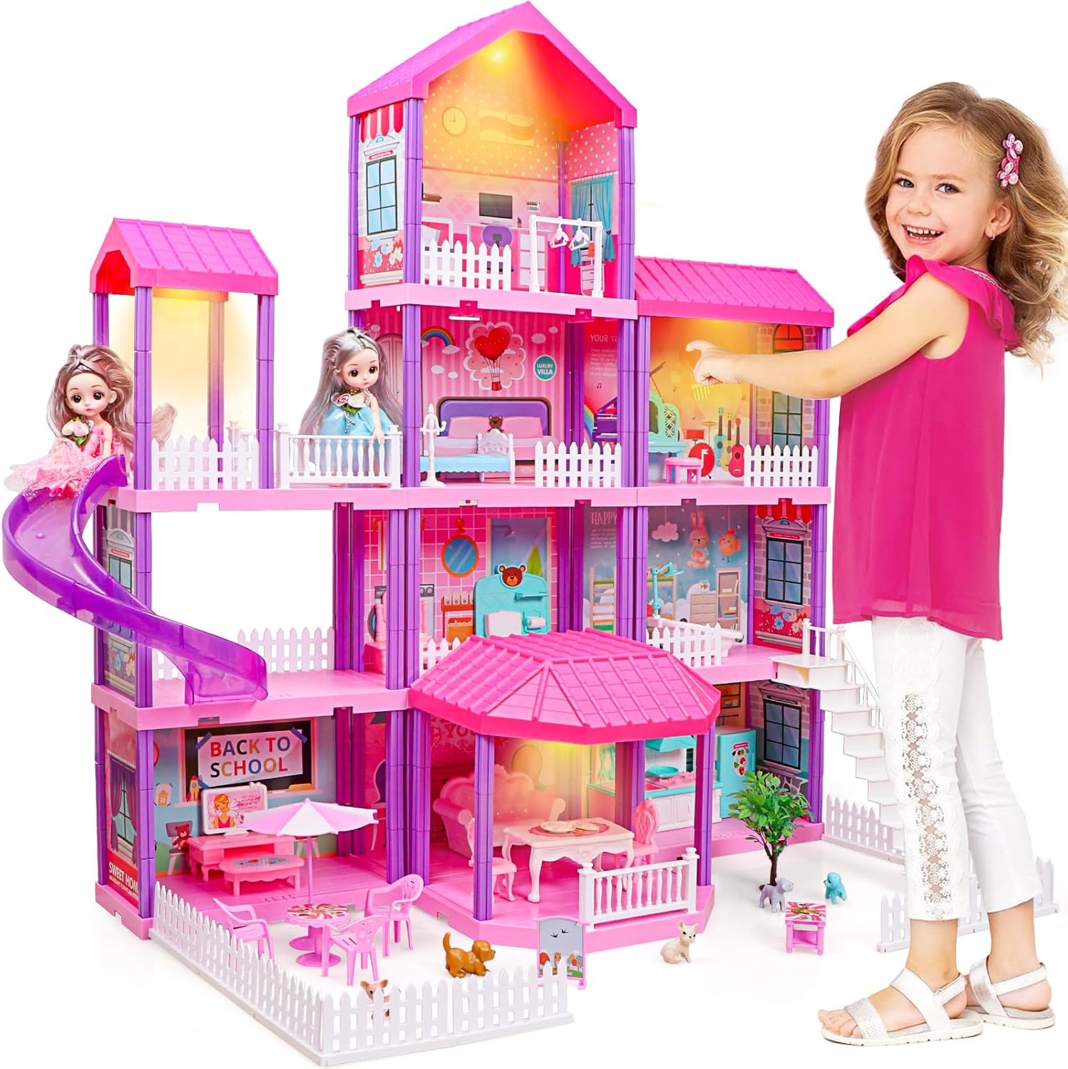 beefunni Doll House, Dream Dollhouse for Girls,Doll Houses 4-5 7-8 Year Old with 4 Stories -11 Rooms, 2 Dolls and Furniture, Princess Dollhouse 2025 Christmas Toy Gifts for 3 4 5 6 7 8+ Year Old Girls