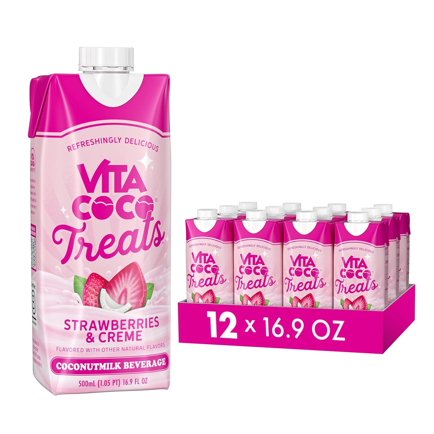Vita Coco Treats Strawberries & Creme Coconut Milk Drink | Sweet, Refreshing, Treat | Cremey Pink Drink Alternative | 16.9 fl oz (Pack of 12)