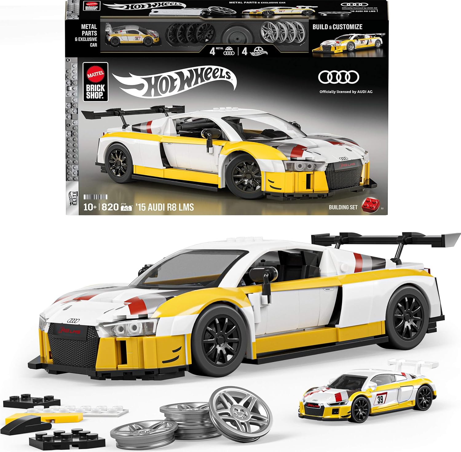 Mattel Brick Shop Hot Wheels Elite Series Building Set, ’15 Audi R8 LMS with 820 Pieces, Realistic Details and Custom Decals, Adult Collectors and Kids Ages 10+