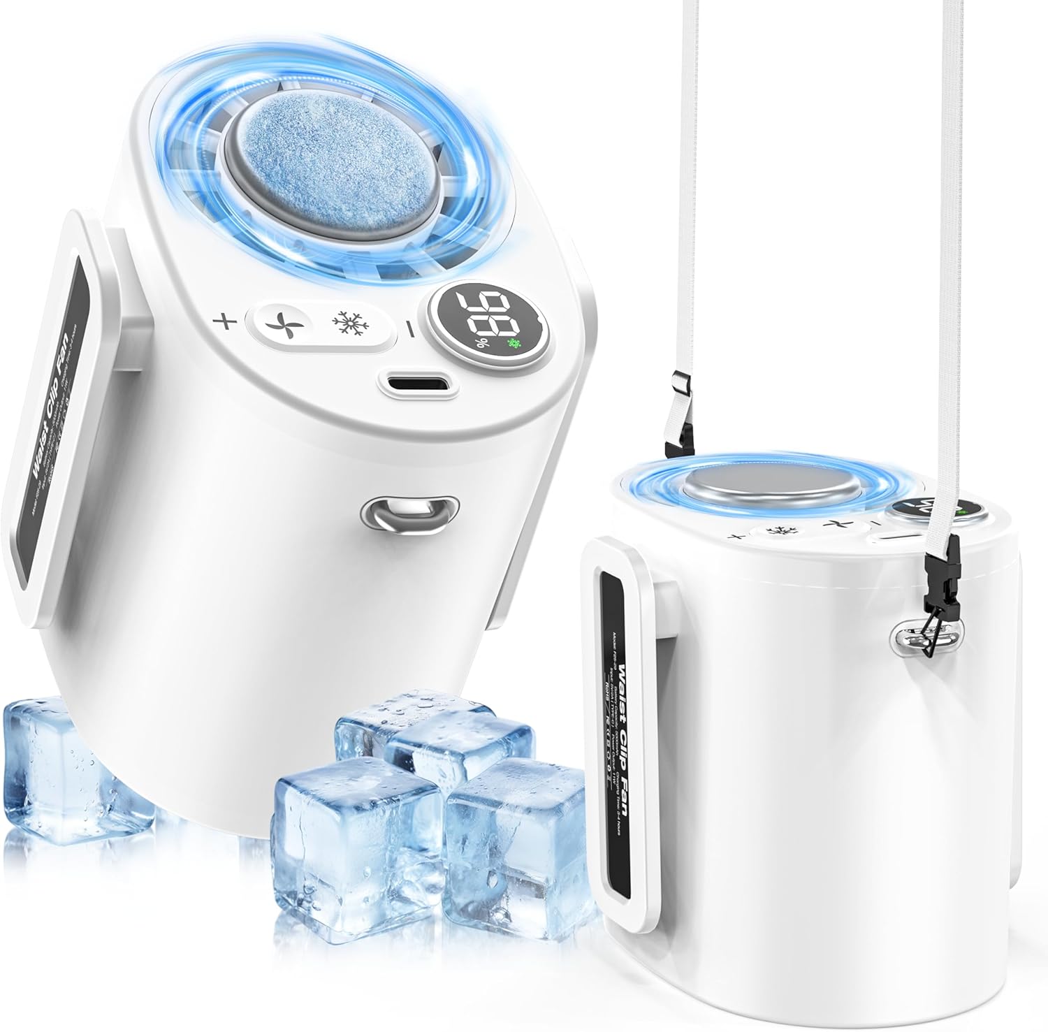 Handheld Portable Fan Rechargeable with Ice Cooler, 5000mAh, 1-100 Speeds,Strong Airflow, Personal Waist Fan, Hands-Free Hanging,Wearable for Camping, Outdoor, Jobsite