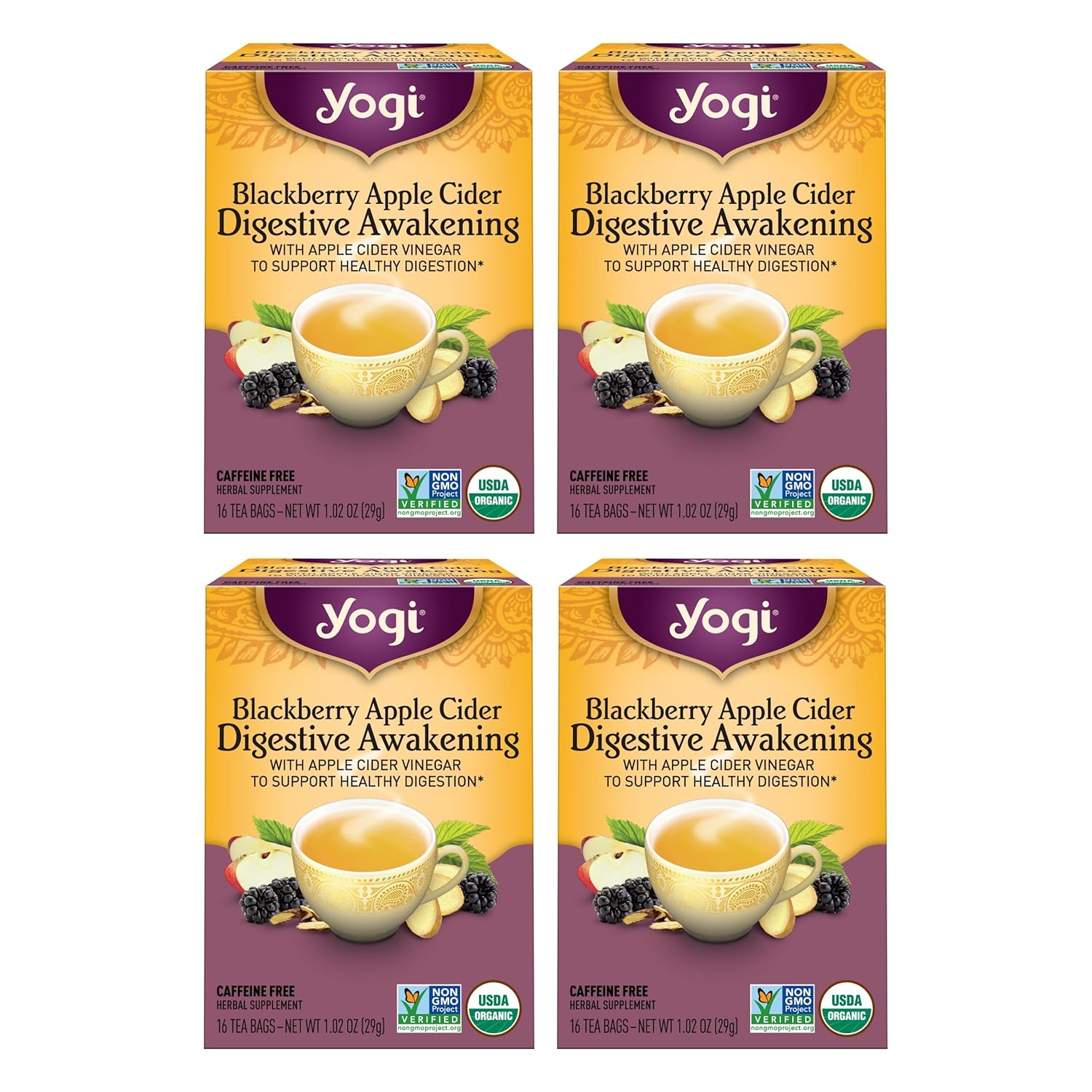 Yogi Tea Blackberry Apple Cider Digestive Awakening Tea - 16 Tea Bags per Pack (4 Packs) - Organic Tea to Support Digestive Health - Includes Ginger Root, Licorice Root & Raspberry Leaf