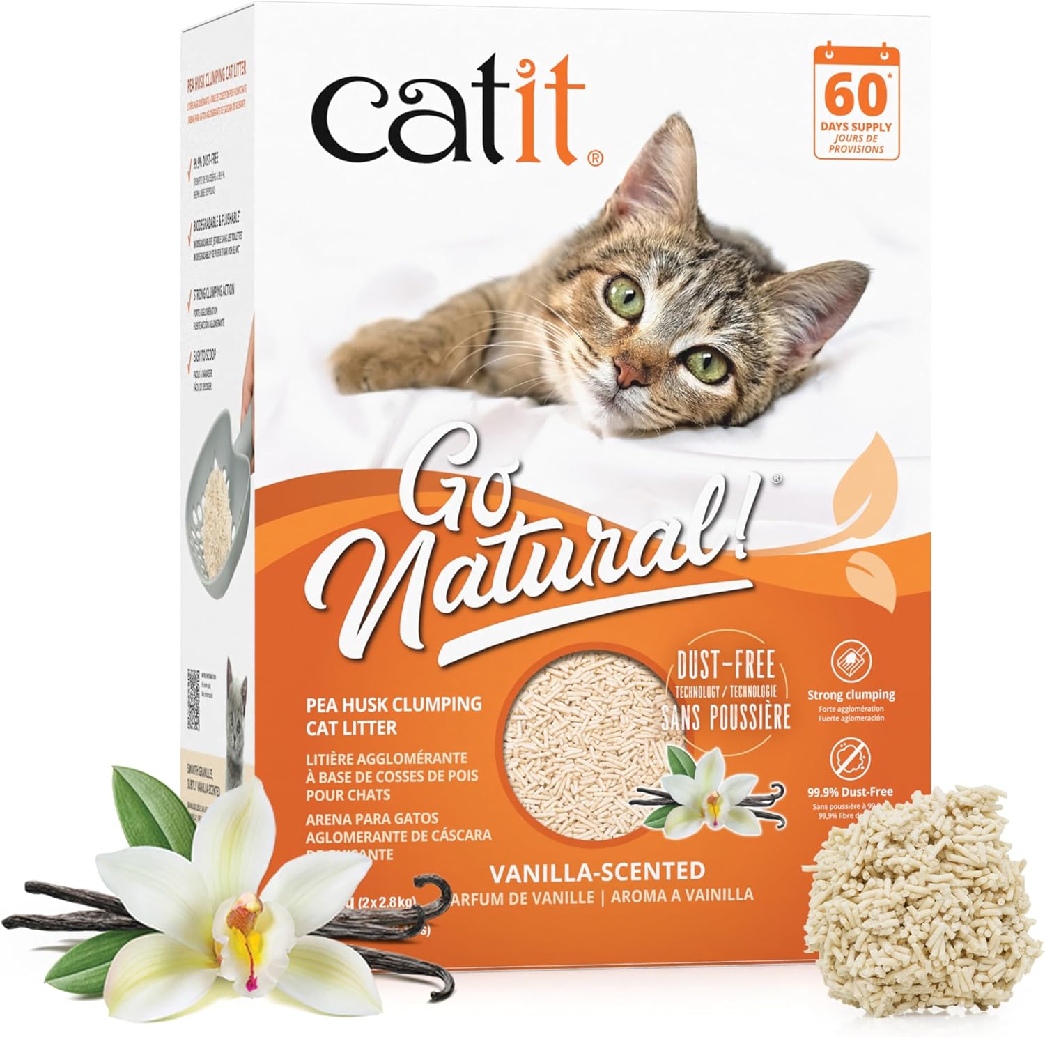 Catit Go Natural Vanilla Scented Pea Husk Clumping Cat Litter, Deodorising, 99.9% Dust-Free, Fast Clumping Cat Litter, Plant-Based Litter for Cats & Kittens, 5.6kg (2 x 2.8kg)