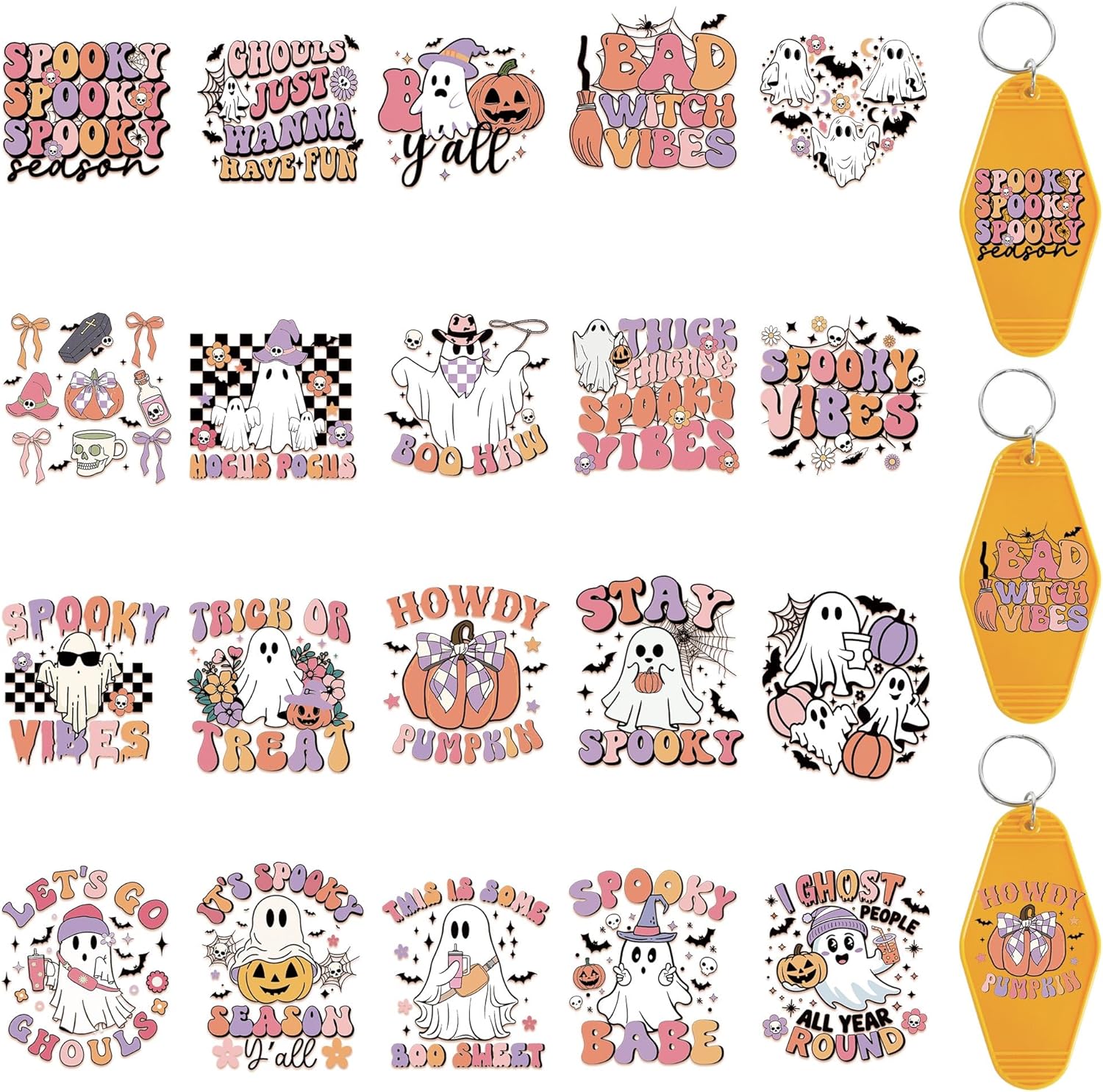 UV DTF Wrap Transfer Stickers - 80 Pcs Ghost UV DTF Stickers for Motel Keychain, Cute Ghost Halloween Hotel Key Chain Wraps for Family, Kids, Friends