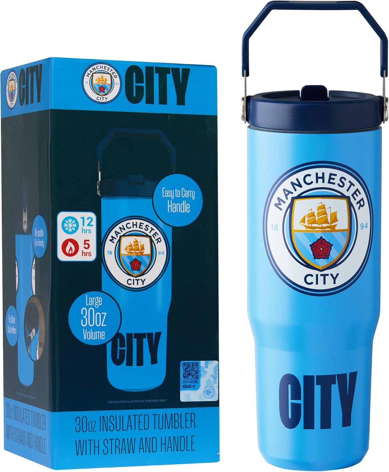 Get Trend Manchester City F.C. 30oz Tumbler Gifts for Men Boys Teens, Stainless Steel Water Bottle with Handle Straw, Insulated Travel Cup for Hot Cold Drinks