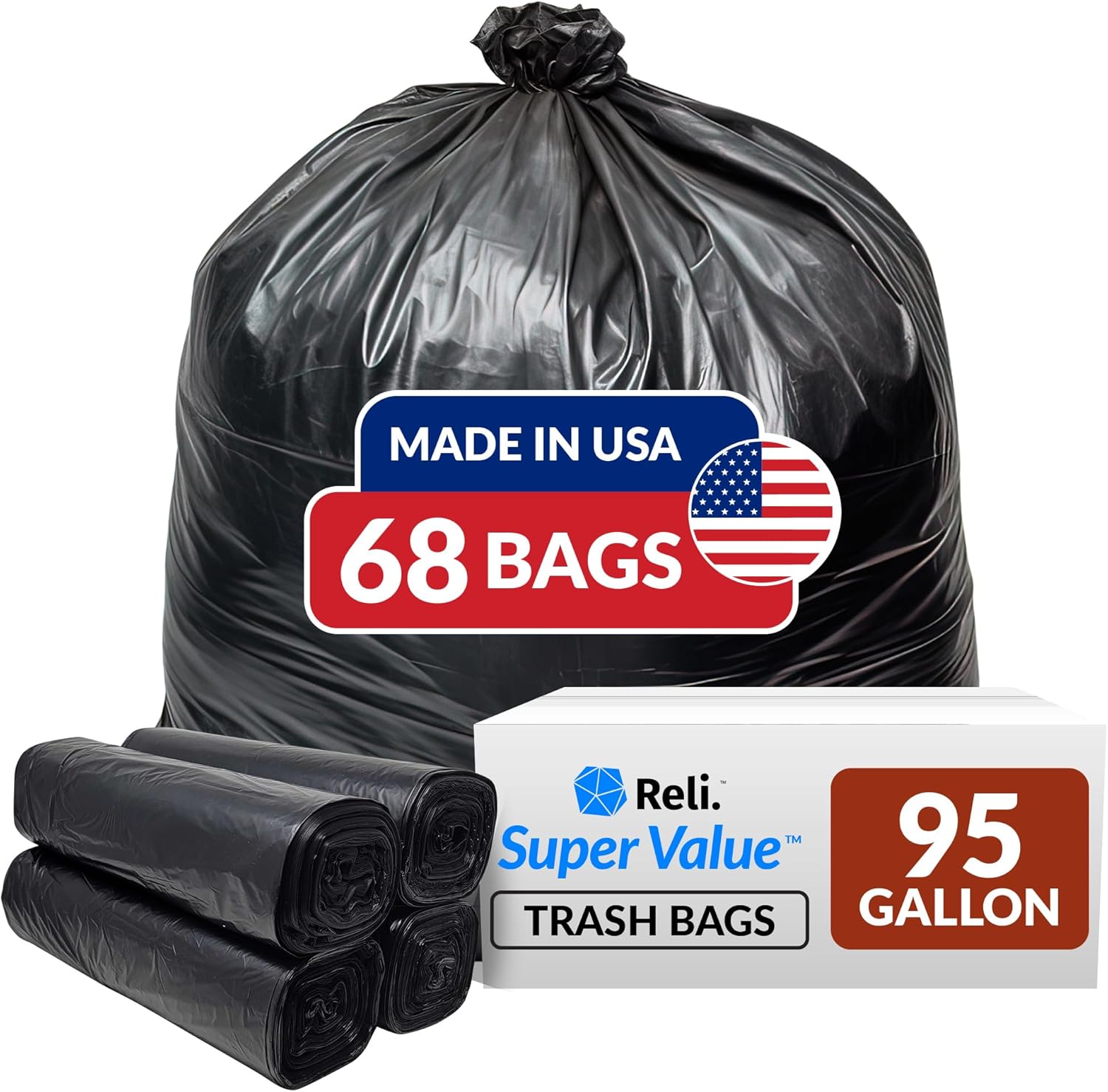 Reli. 95 Gallon Trash Bags Heavy Duty | 68 Trash Bags | Super Sizeable, Black, Garbage for Serious Cleanup