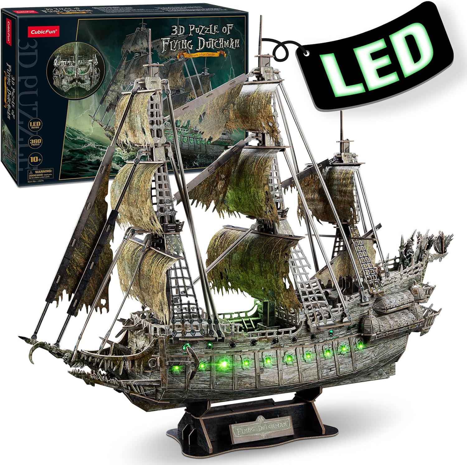CubicFun 3D Puzzles for Adults Green LED Flying Dutchman, 360 Pieces Pirate Ship Arts & Crafts for Adults Gifts for Men Women Model Kit, Lighting Ghost Ship Easter Gifts Father's Gift