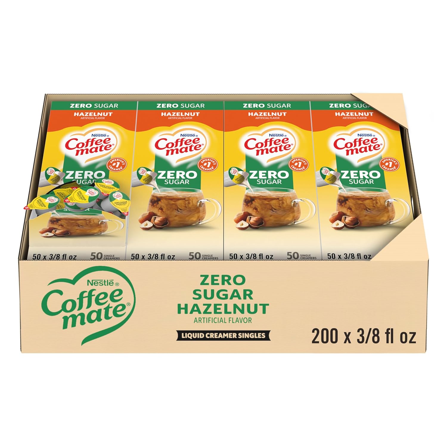 Nestle Coffee mate Coffee Creamer, Zero Sugar Hazelnut, Liquid Creamer Singles, Non Dairy, No Refrigeration, 0.375 fl oz Tubs (Pack of 200)