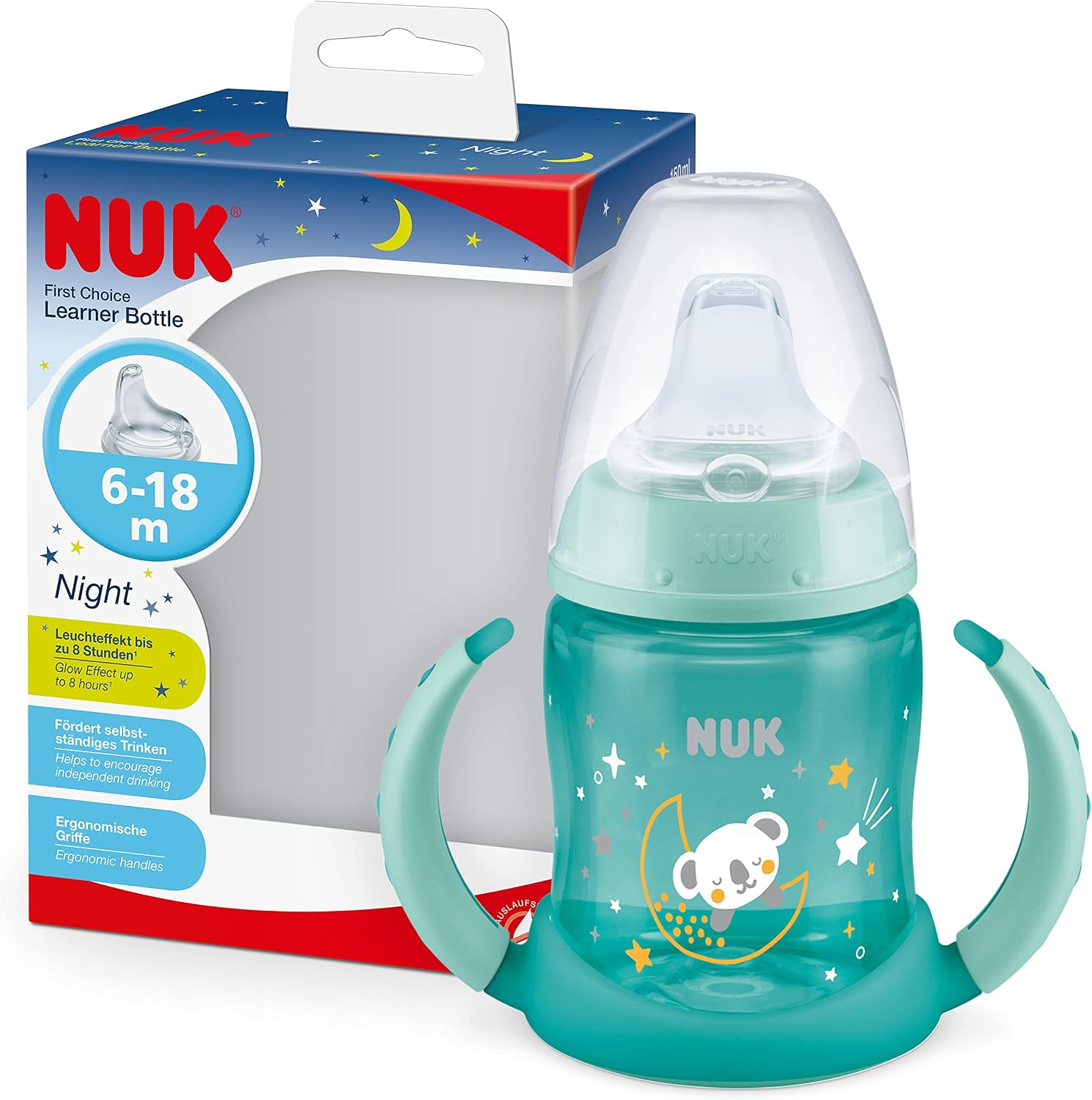 NUK First Choice Sippy Cup Night | 6-18 Months | 150 ml | Glow in the Dark | Handles & Orthodontic Silicone Spout | Leak-Proof | Anti-Colic | BPA-Free | Green