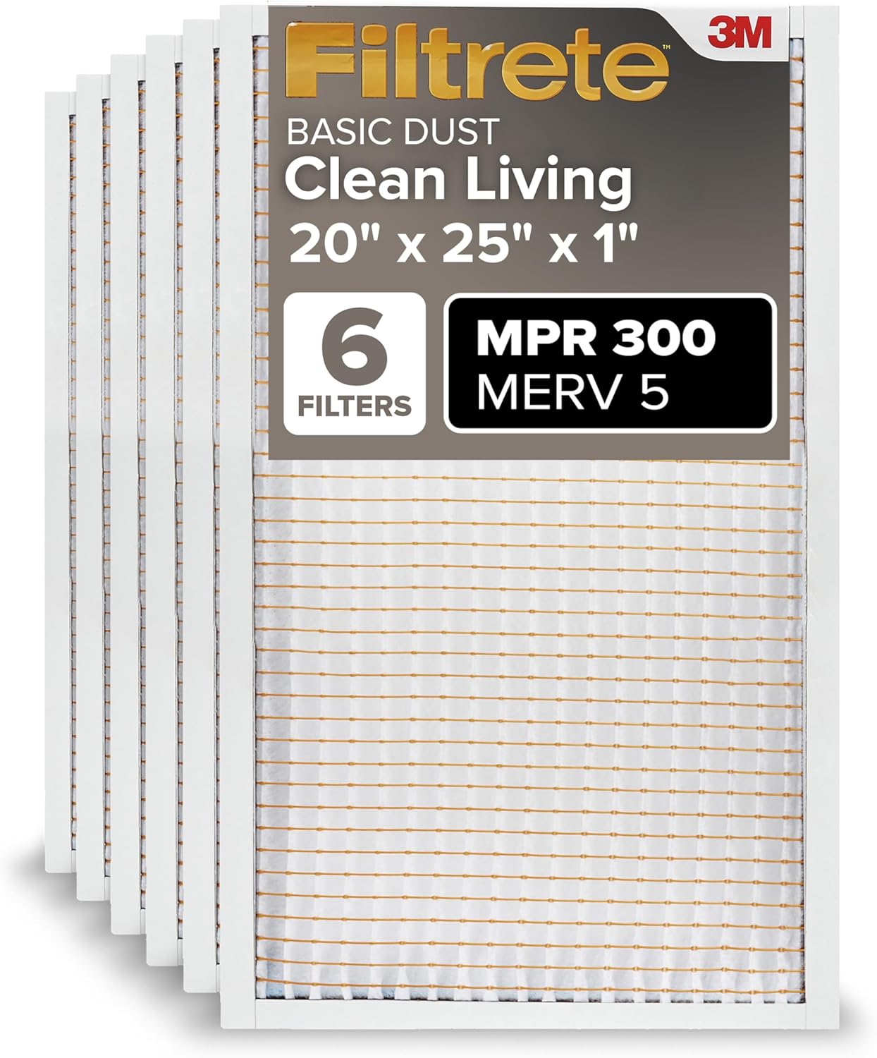 Filtrete 20x25x1 AC Furnace Air Filter, MERV 5, MPR 300, Capture Unwanted Particles, 3-Month Pleated 1-Inch Electrostatic Air Cleaning Filter, 6-Pack (Actual Size 19.69x24.69x0.81 in)