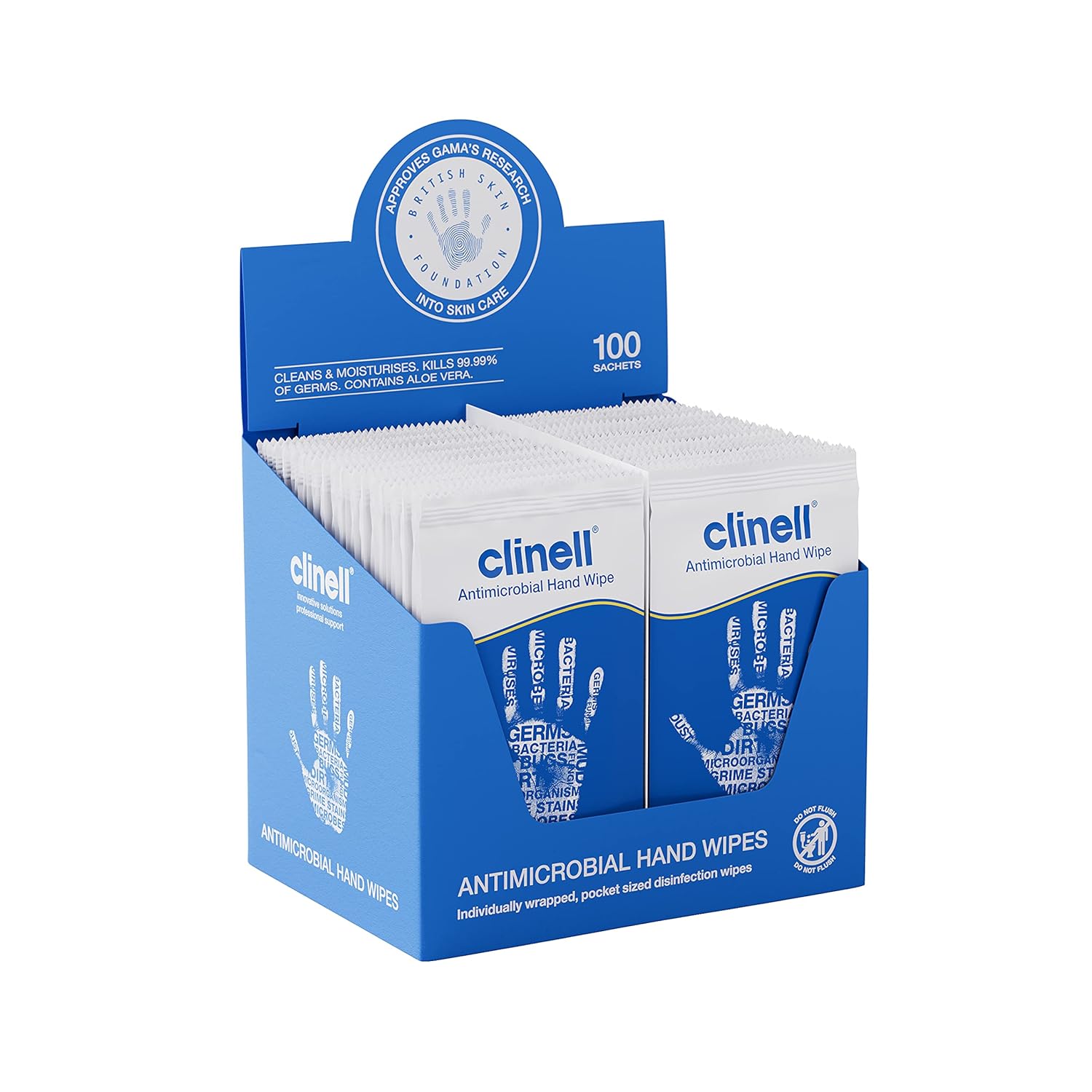 Clinell Antimicrobial Hand Wipes - Pack of 100 Individually Wrapped Sachets - Sanitising Wipes, Ideal for Travel - Dermatologically Tested, Kills 99.99% of Germs