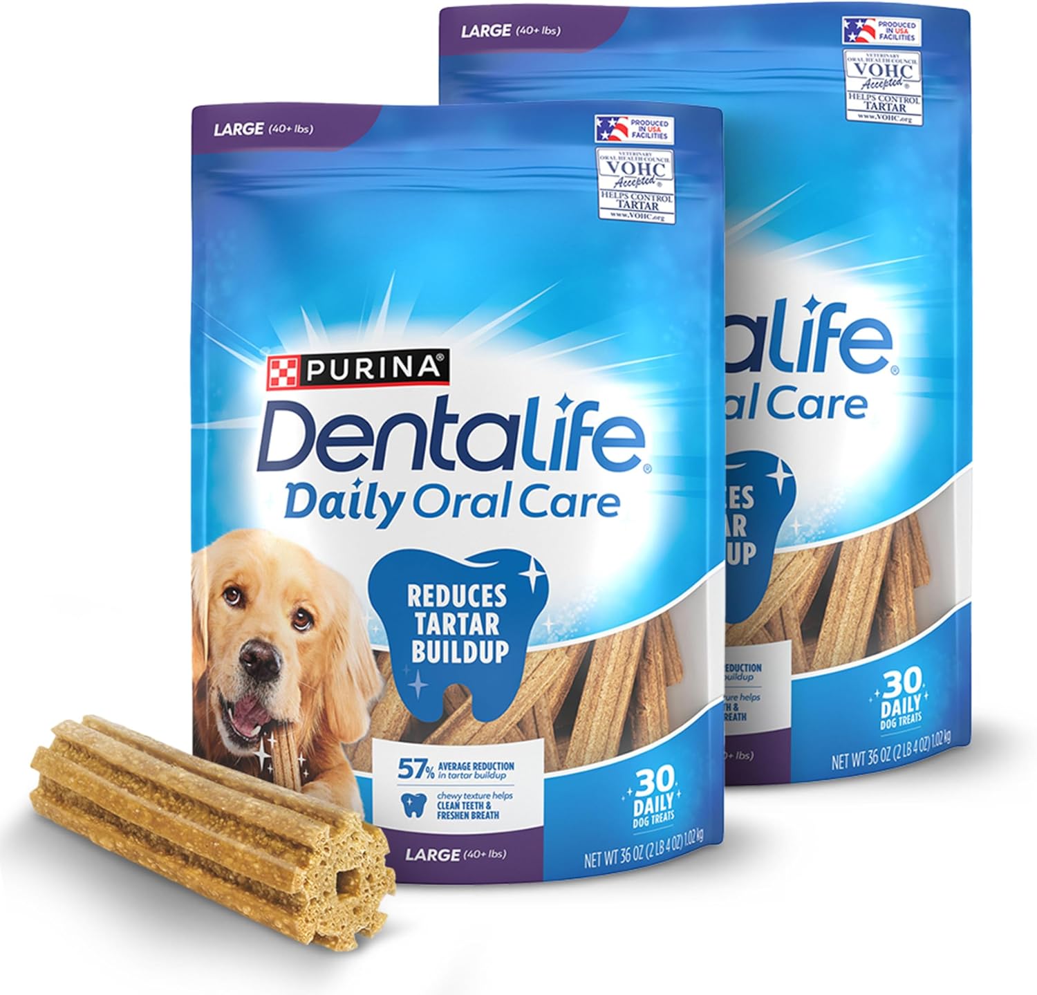 DentaLife Daily Oral Care Dog Treats for Large Dogs 40 plus lbs., Chewy Dental Treat to Freshen Breath and Fight Tartar, Chicken Flavor, 36 oz. each, 30 Chews each/60 Total Chews - 30 ct. Pouch