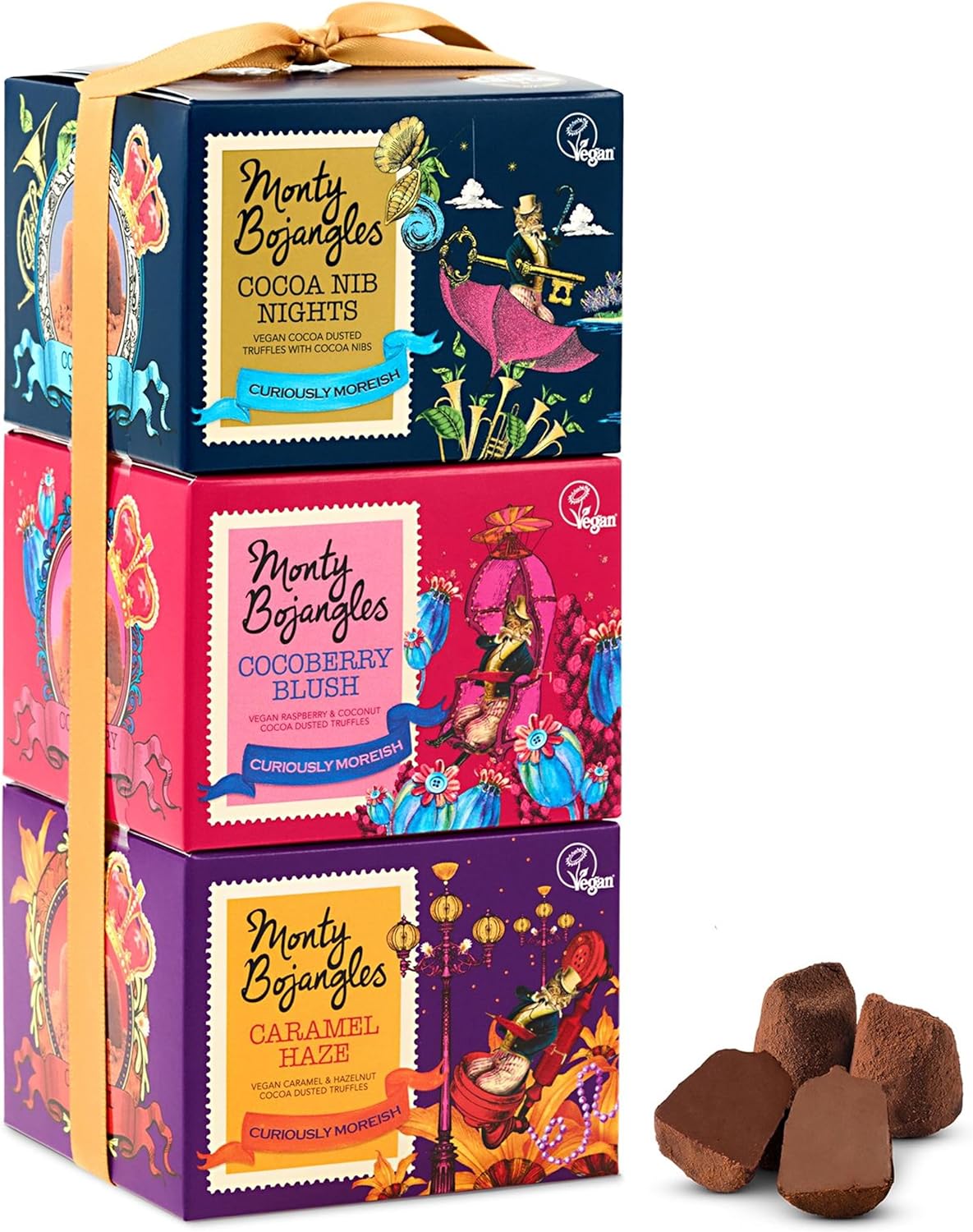 Monty Bojangles Vegan Cocoa Dusted Chocolate Truffles Gift Tower (3x100g)-3 Different Flavours Luxury Chocolatey Truffles Gift Set, Award Winning Truffles, Vegan Chocolate Gift Box With Bespoke Design