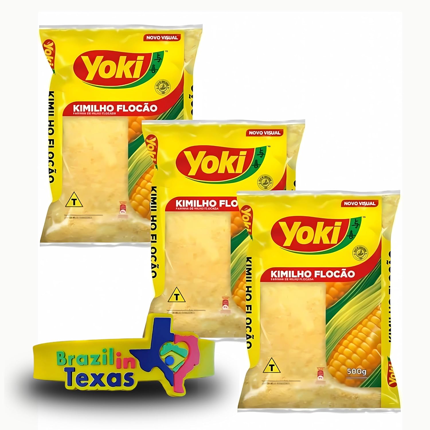 Farinha de Milho Brasileira Kimilho Yoki Flocao 500g | Pack of 3x500g | Brazilian Cornflour + Silicone Bracelet Souvenir | Brazil in Texas | Bundle