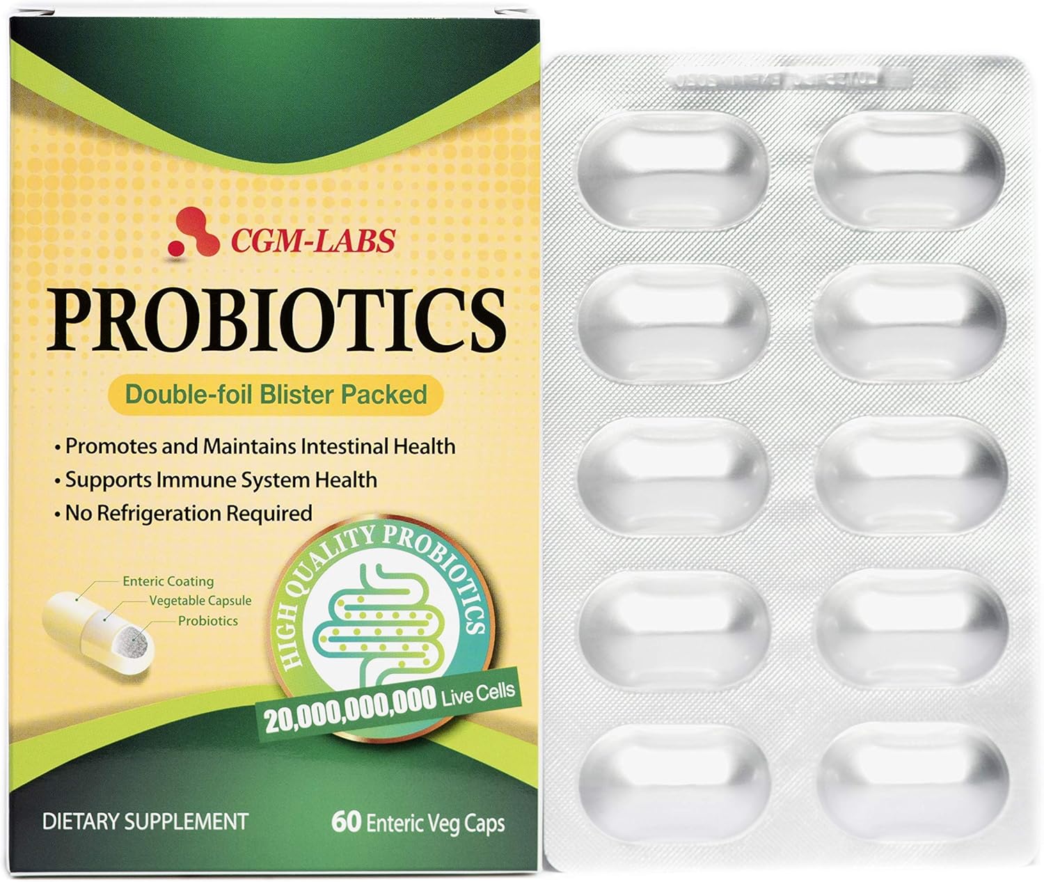Probiotics, 20 Billion Live Cells, Premium Enteric Coated Veg Caps for Women, Men. Dietary Supplement - 60 Veg caps by CGM Labs
