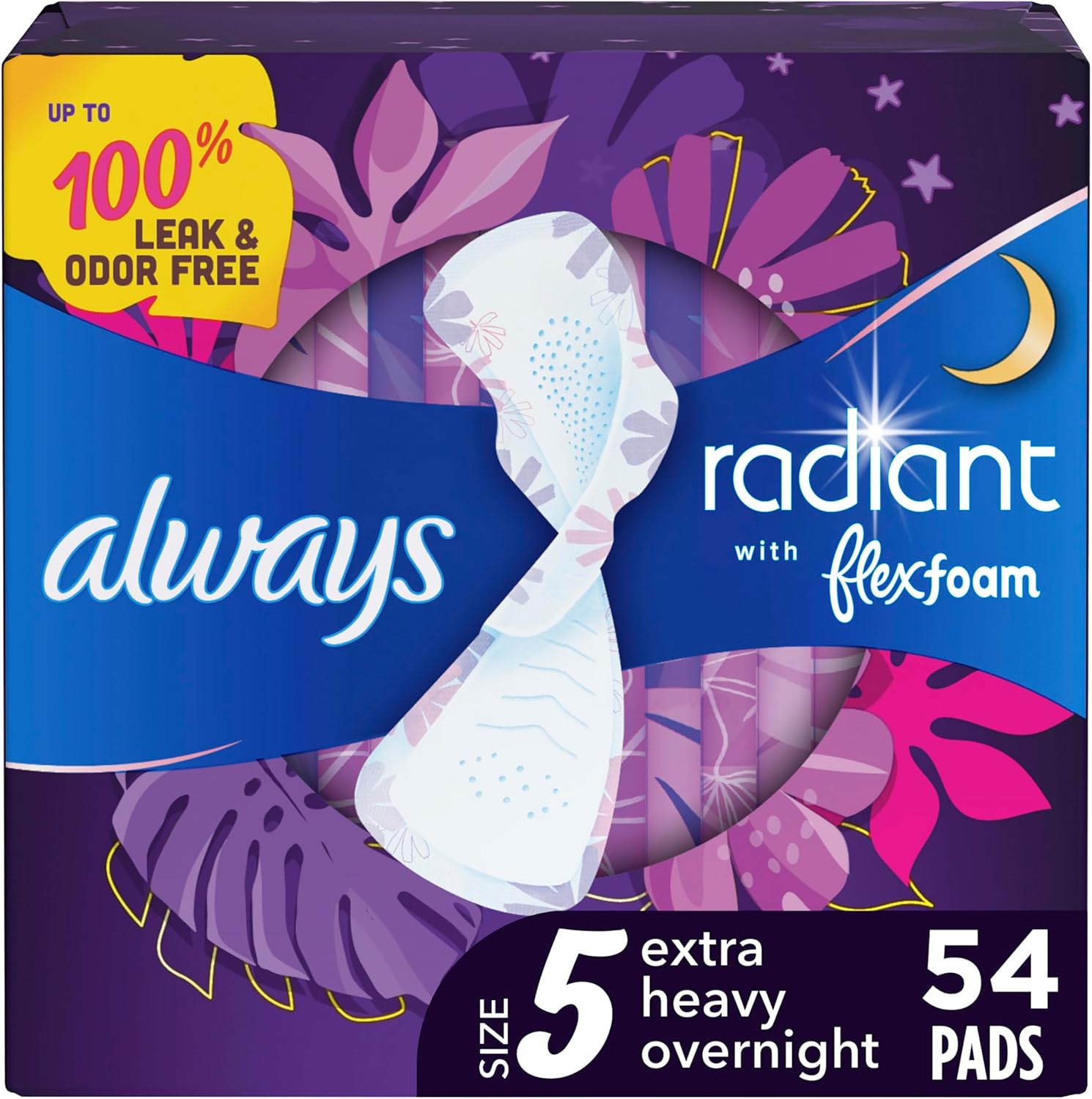Always Radiant Feminine Pads for Women, Flexfoam Pads with Wings, Size 5, Extra Heavy Overnight Absorbency, Lightly Scented, 54 Count (3 Packs of 18)