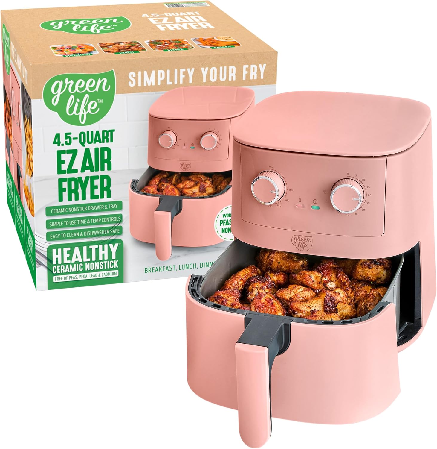 GreenLife 4.5QT Air Fryer, Mechanical Dial Controls, PFAS-Free Ceramic Nonstick Drawer, Adjustable Temp & Timer, LED Indicator, Oil-Less Cooking, Dishwasher Safe, Compact Family Size, Pink