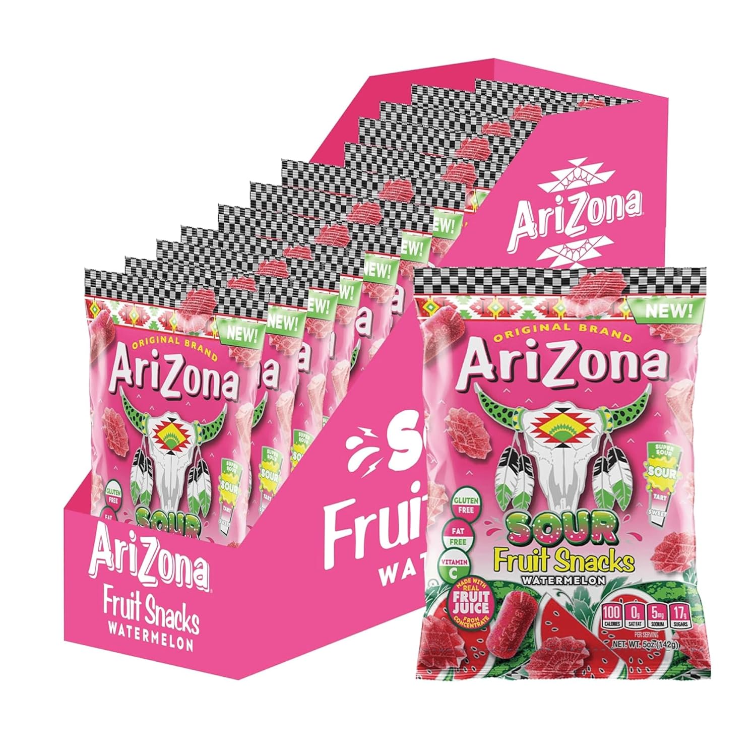 AriZona Fruit Snacks, Sour Watermelon - NEW - 5 Ounce Bags (Pack of 12) - Gluten Free - Gummy Chews