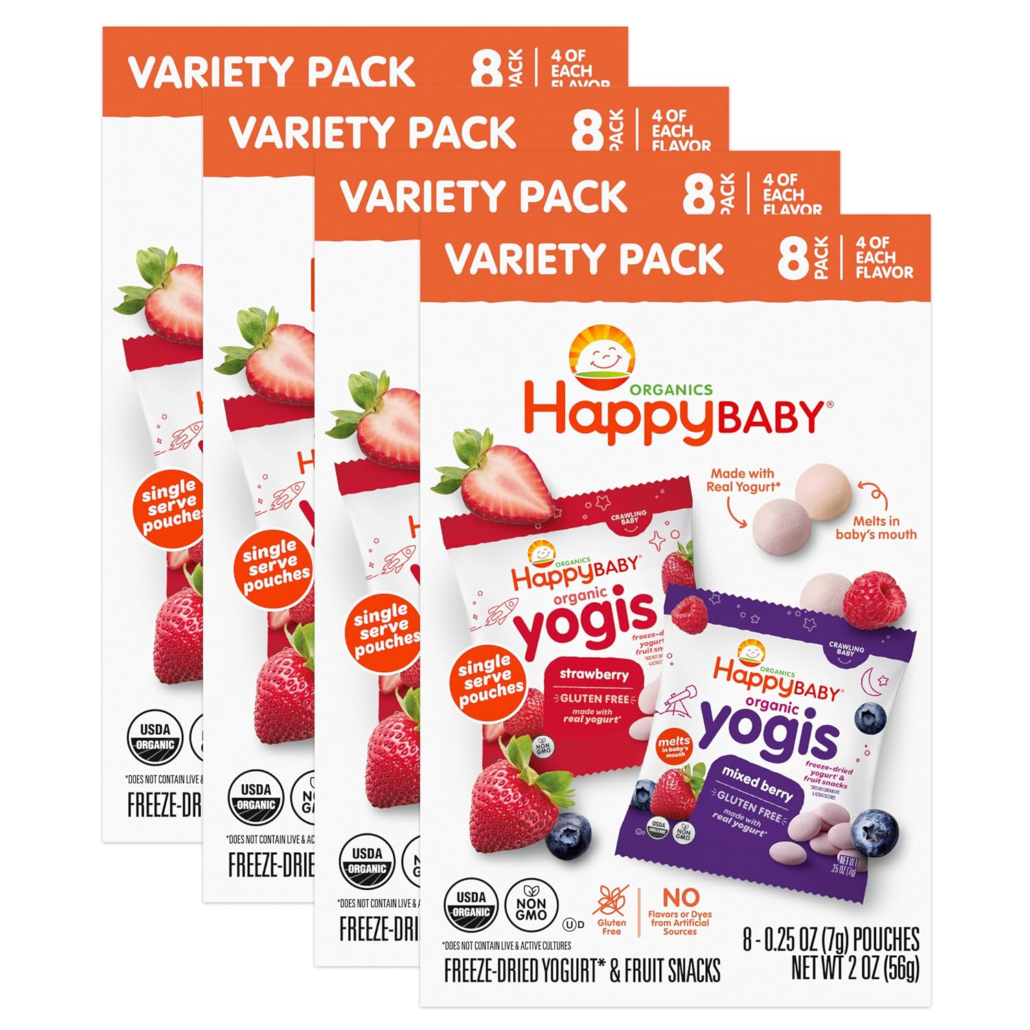 HAPPY BABY Yogis, Mixed Berry & Strawberry, 0.25oz Pouches (32 Pack)