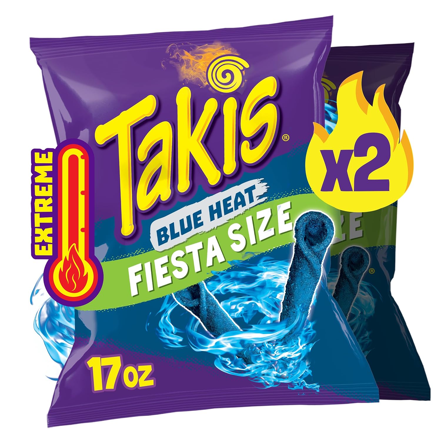 Takis Blue Heat 17 oz Fiesta Size Bag, Hot Chili Pepper Flavored Extreme Spicy Rolled Tortilla Chips (Pack of 2)