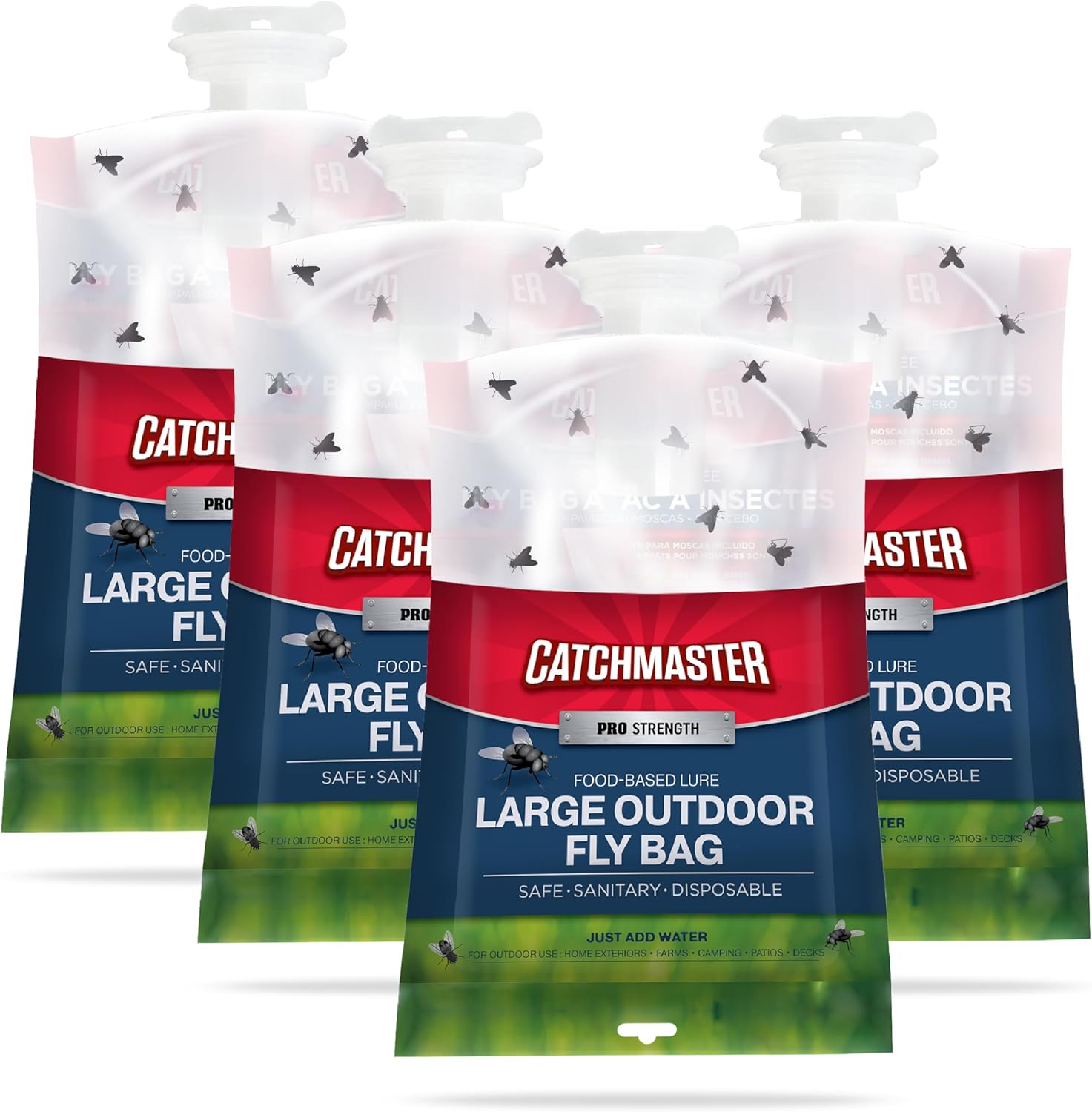 Catchmaster Pro Series Disposable Fly Bag 4-Pack, Hanging Fly Trap Outdoor Home, Bug Catcher and Flying Insect Trap with Premium Bait, Pet Safe Pest Control, XL Bag for Backyard, Pool, Patio & Camping