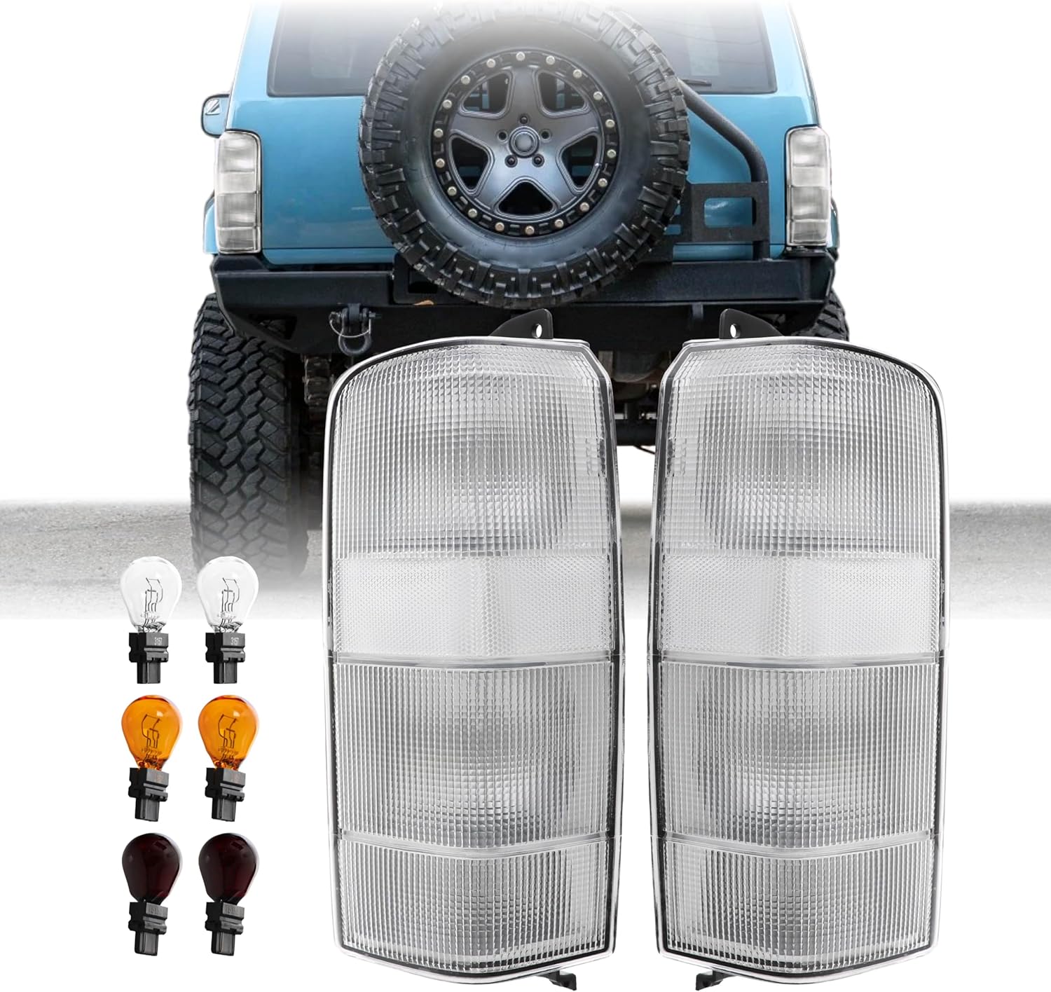 USR 97-01 Cherokee XJ Tail Light – Rear Tail Lamps Assembly (Left + Right) Pair - Compatible with 1997-2001 Jeep Cherokee XJ SUV All Models/Trims (ALL CLEAR LENS TAIL LIGHTS with x6 BULBS)