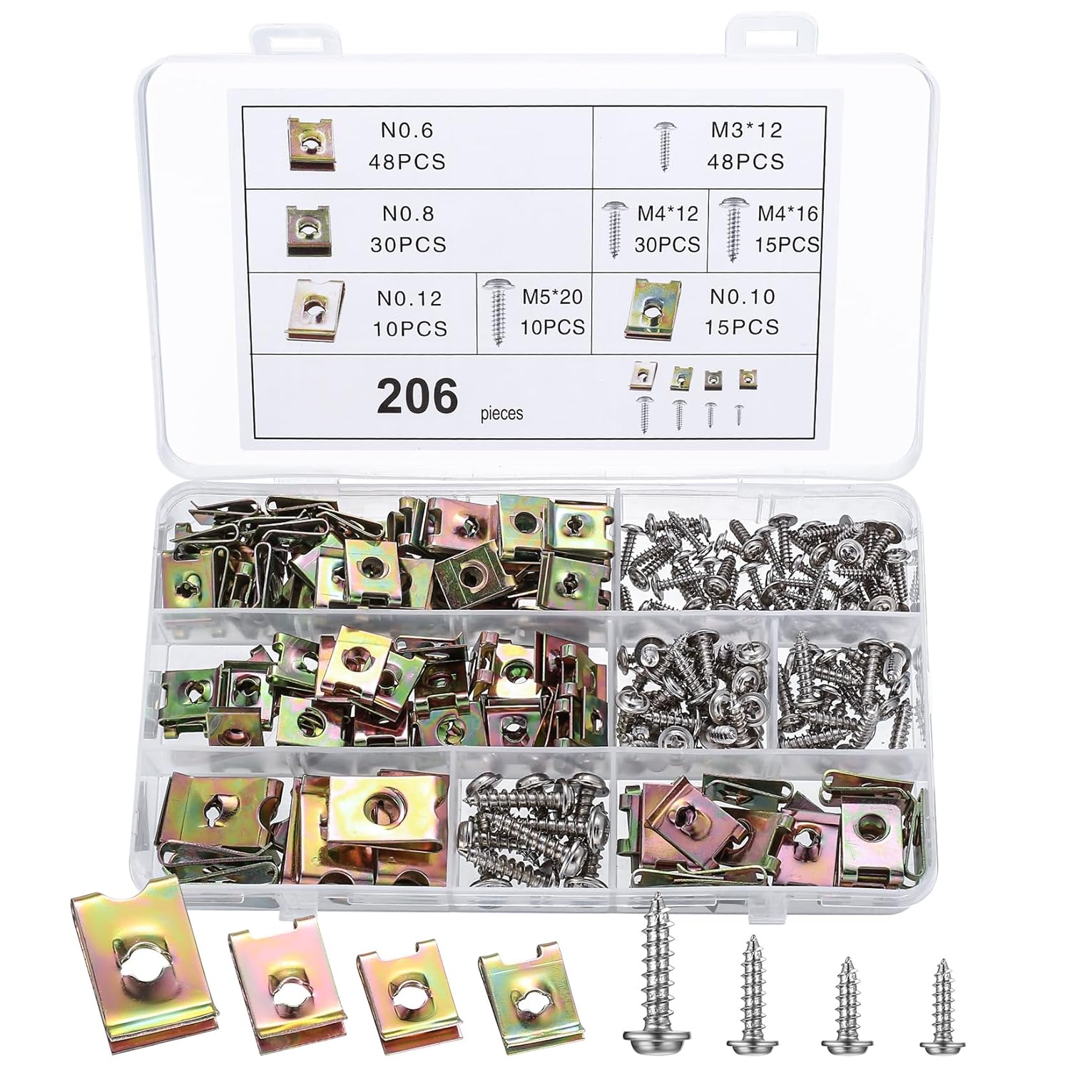206 Pcs Auto Screw and Nut Clip Kit, Metal U Clips and Car Body Undertray Fender Screws, Metal Retainer Clips and Self Tapping Screws and U-type Fastener Clip for Car Bumper Door Trim