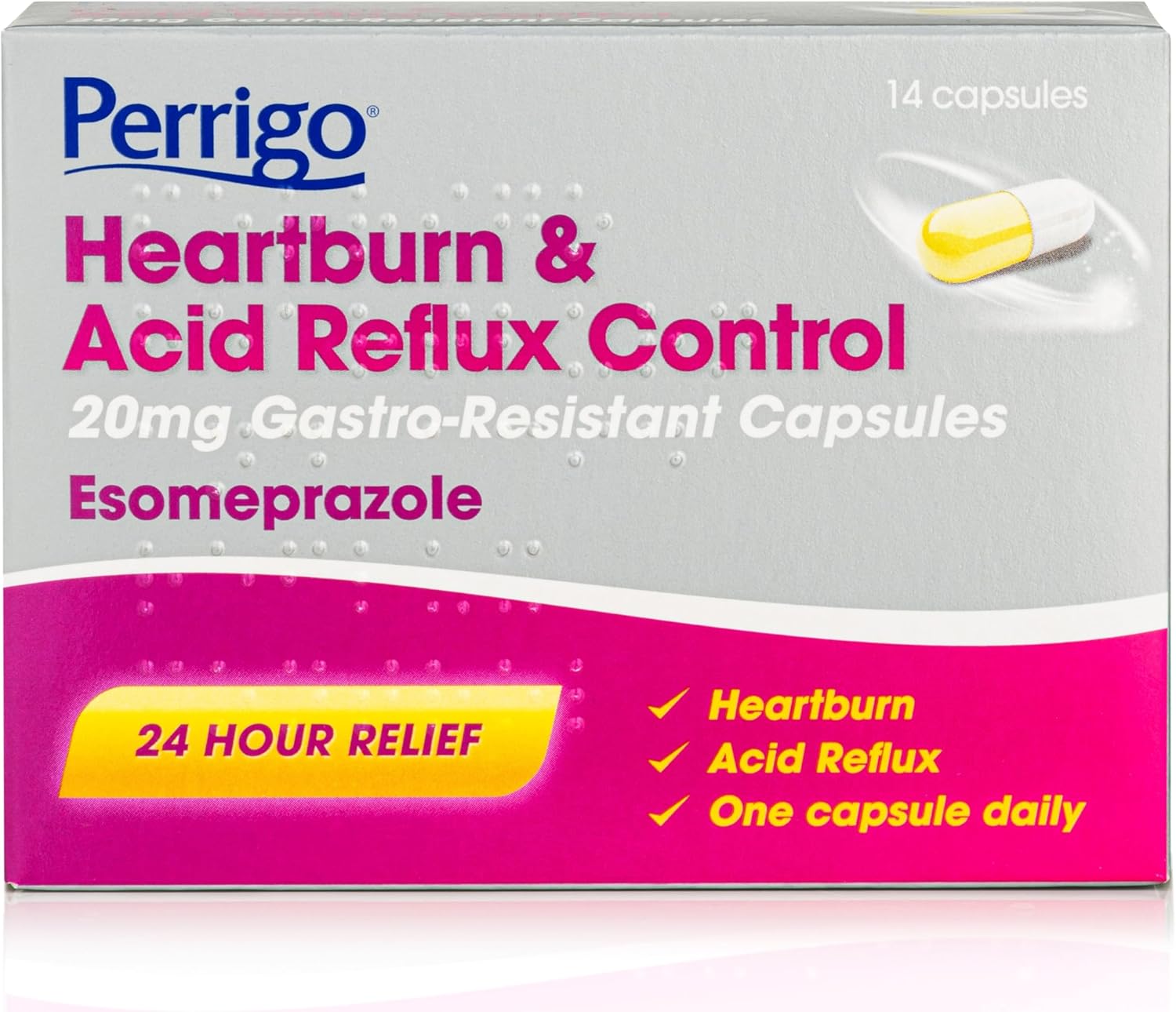 Esomeprazole 20mg Heartburn & Acid Reflux Control 14 Capsules - 24 Hour Relief with Pill Box