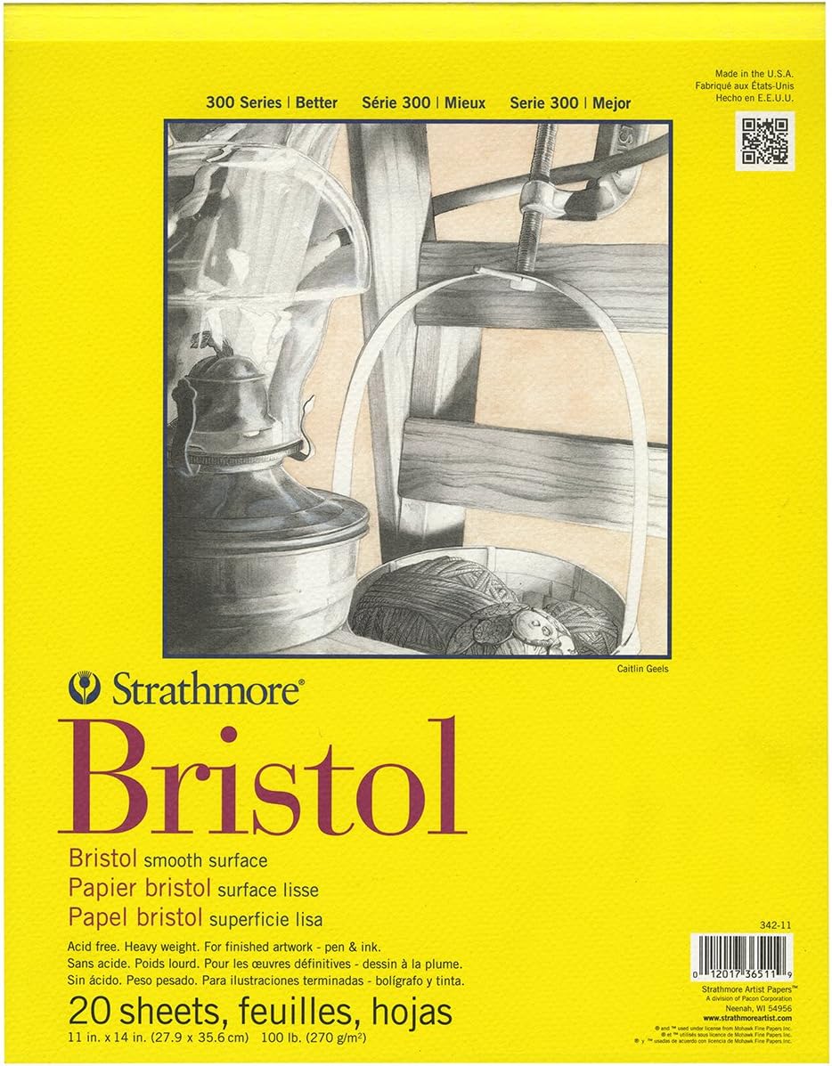 Strathmore 300 Series Bristol Paper Pad, Smooth, Tape Bound, 11x14 inches, 20 Sheets (100lb/270g) - Artist Paper for Adults and Students - Markers, Pen and Ink