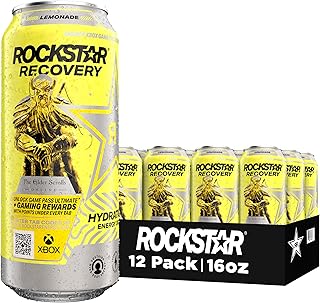 Rockstar Energy Drink with Caffeine Taurine and Electrolytes, Recovery Lemonade, 16oz (12 Pack) (Packaging May Vary)