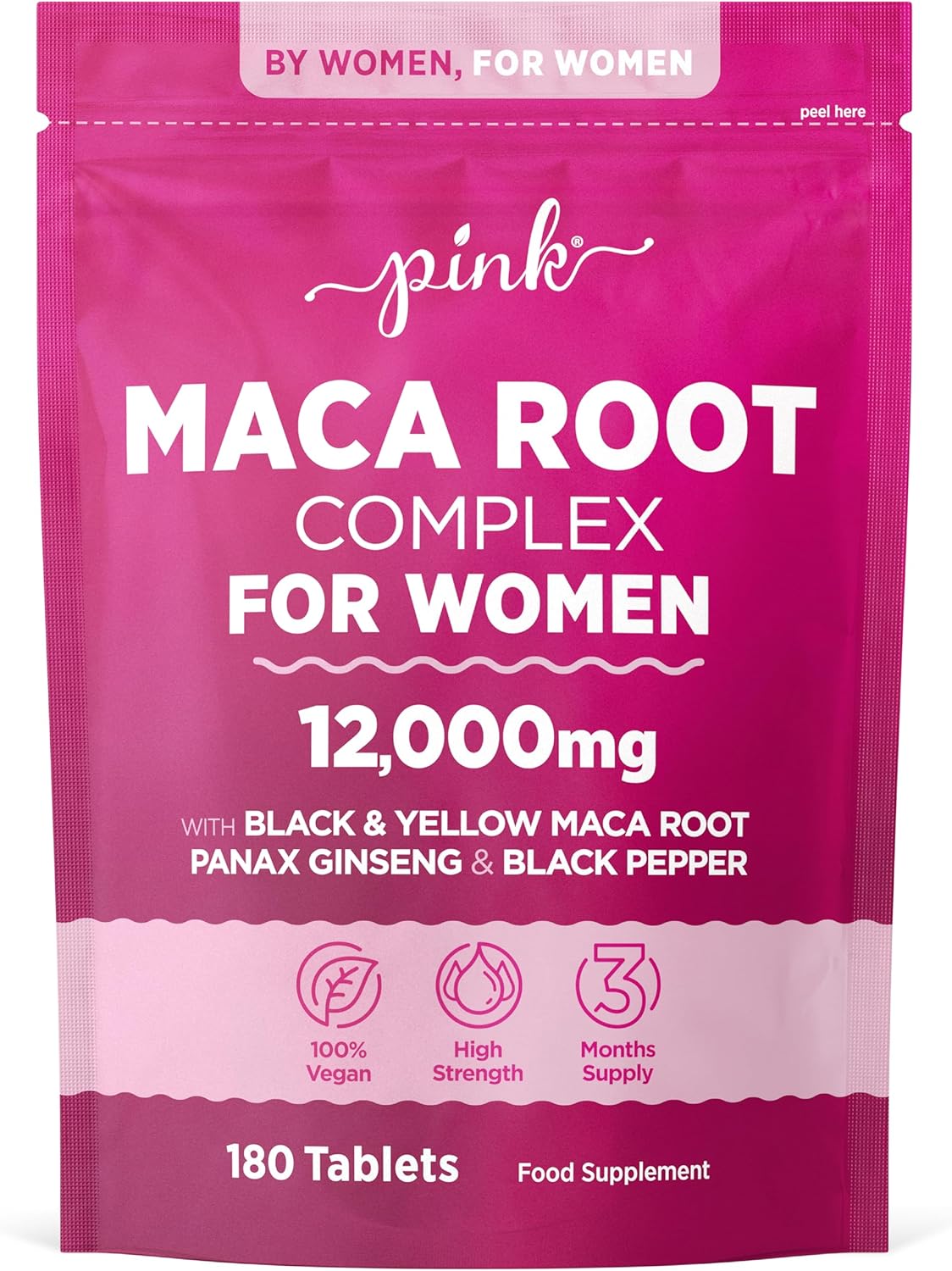 Maca Root Capsules for Women 12,000mg | Peruvian Maca Supplement | High Strength Black & Yellow Maca Root with Panax Ginseng and Black Pepper | Botanical Supplement to Support Women's Health | by PINK